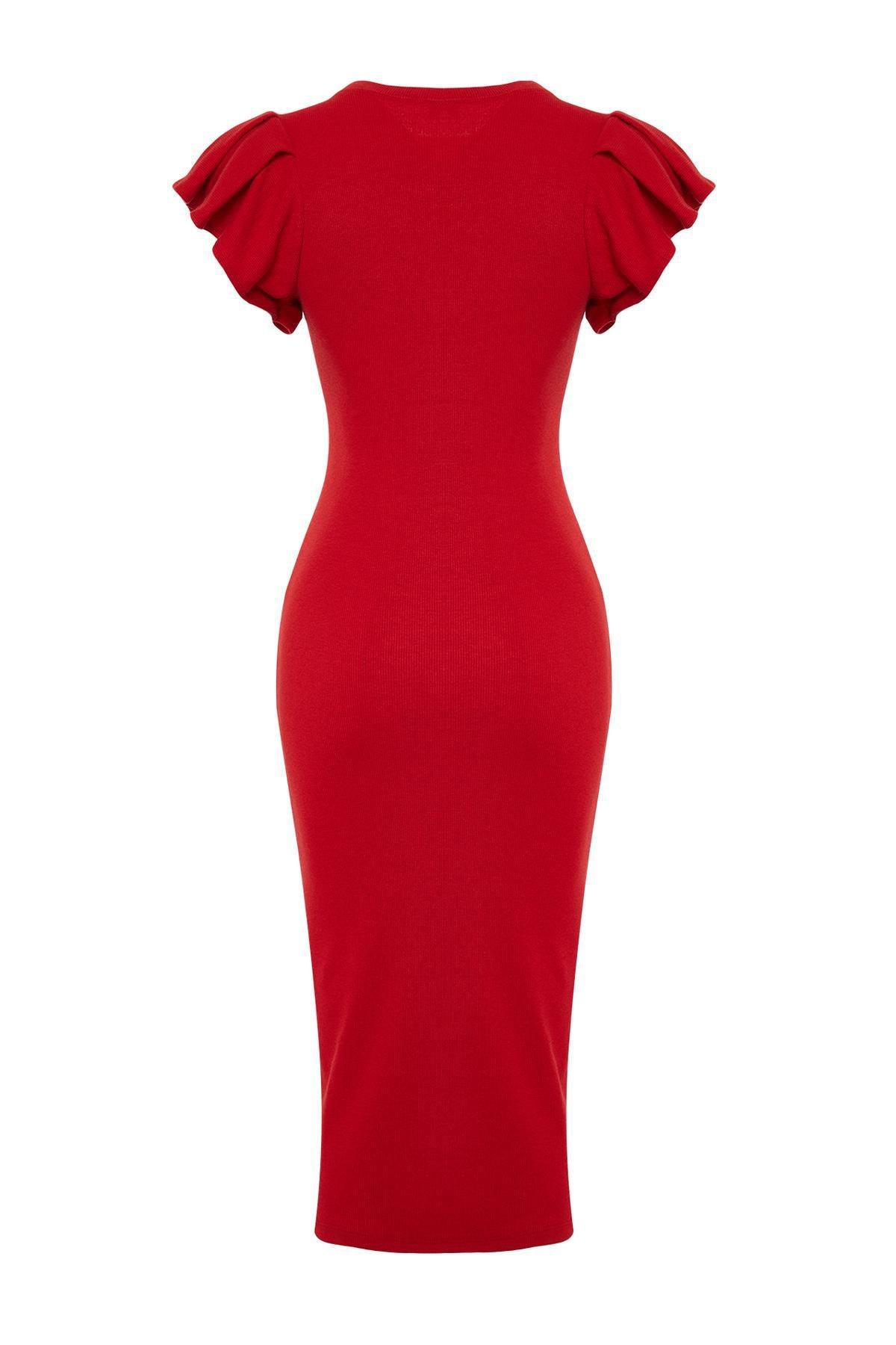 Trendyol - Red Ribbed Knitted Midi Dress