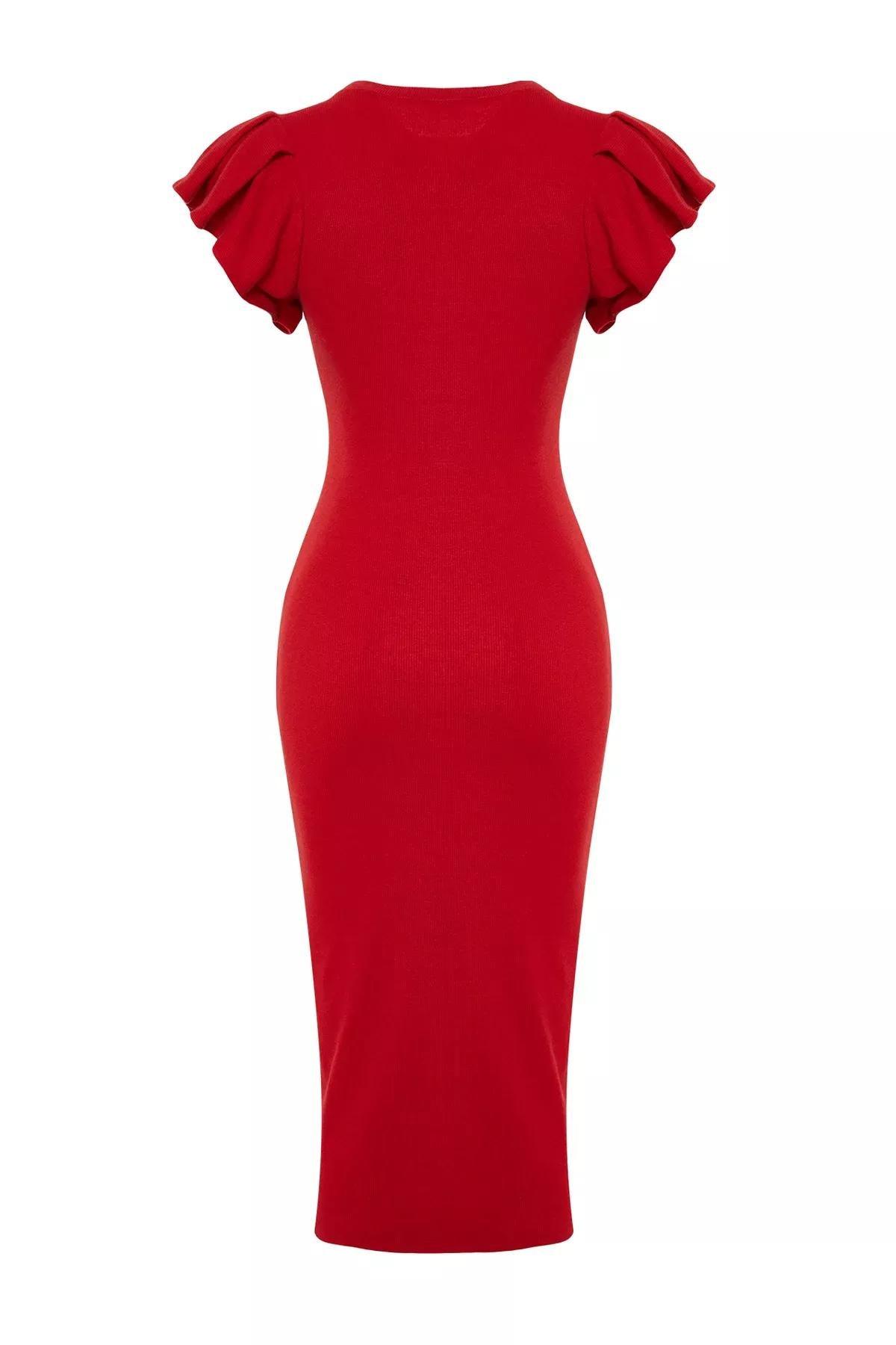 Red Ribbed Knitted Midi Dress, , large image number 6