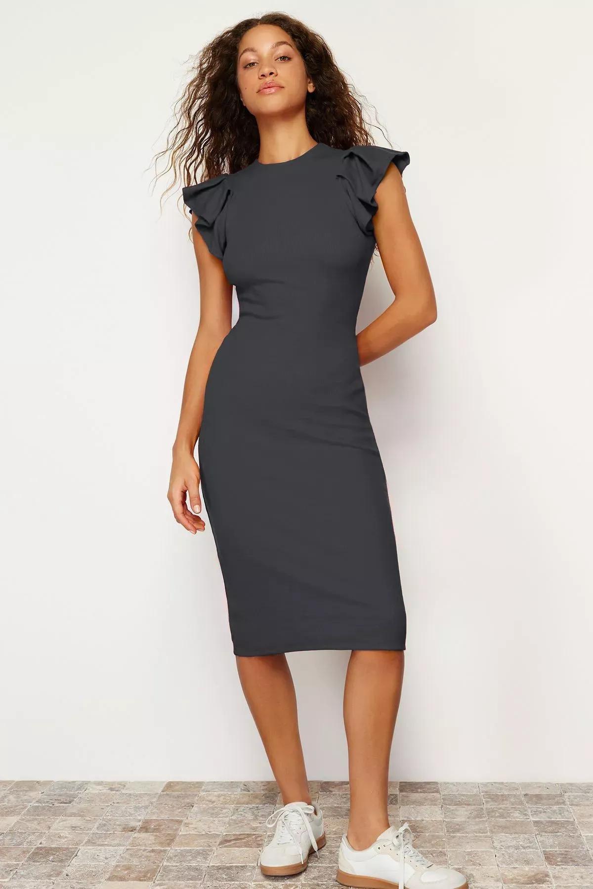 Grey Ribbed Sleeves Bodycon Pencil Dress, Anthracite, large image number 3