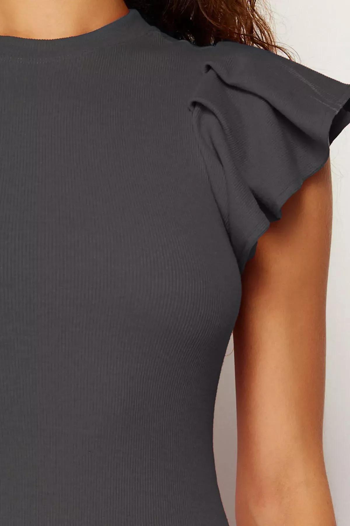 Grey Ribbed Sleeves Bodycon Pencil Dress, , large image number 4