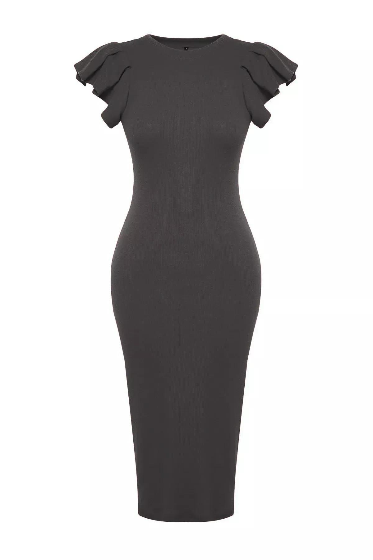 Grey Ribbed Sleeves Bodycon Pencil Dress, Anthracite, large image number 5