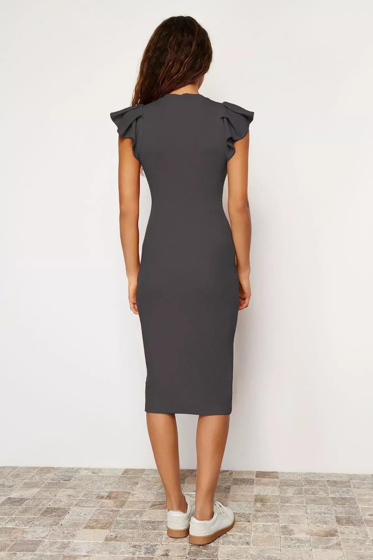 Grey Ribbed Sleeves Bodycon Pencil Dress, Anthracite, large image number 6
