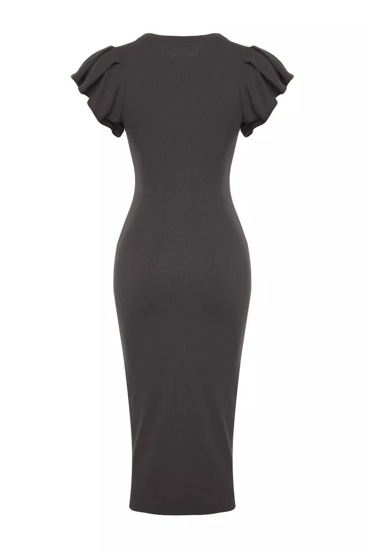 Grey Ribbed Sleeves Bodycon Pencil Dress, Anthracite, large image number 7