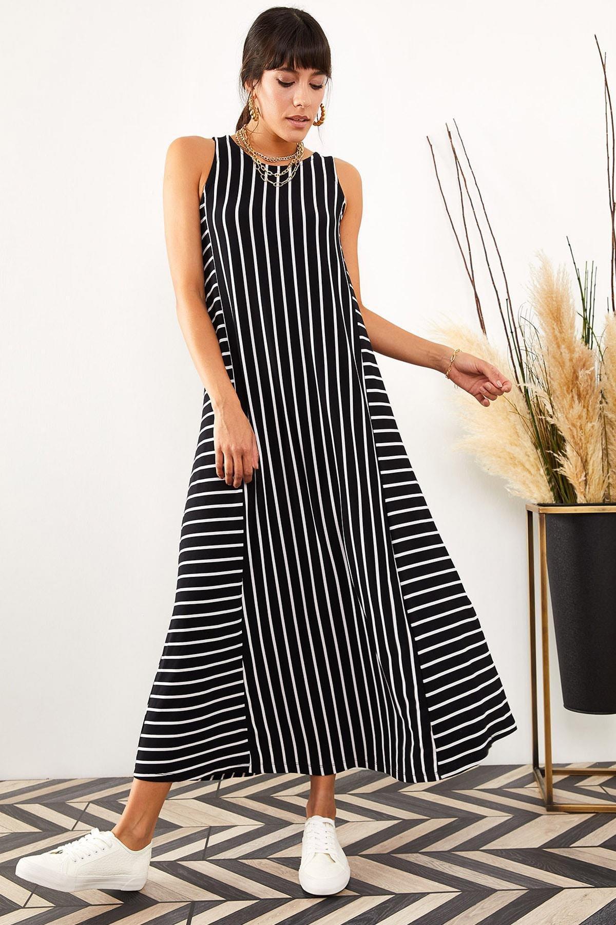 Black Striped Loose Dress, , large image number 0