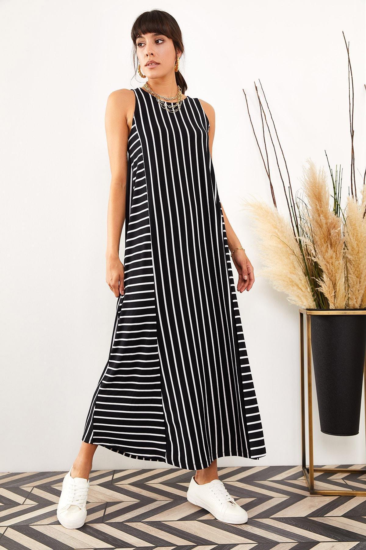 Black Striped Loose Dress, , large image number 1