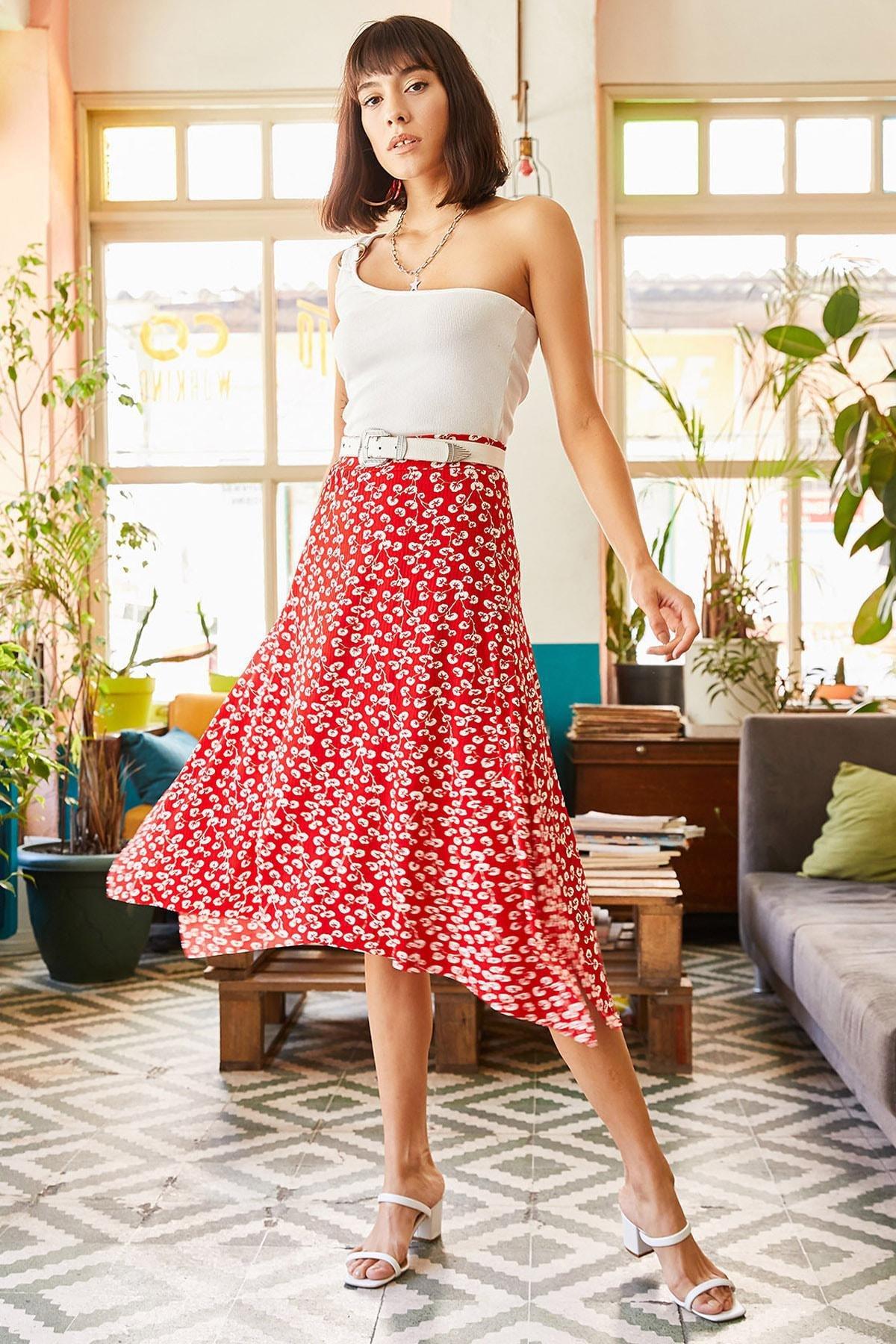 Red A-Line Midi Skirt, Red Bud, large image number 0