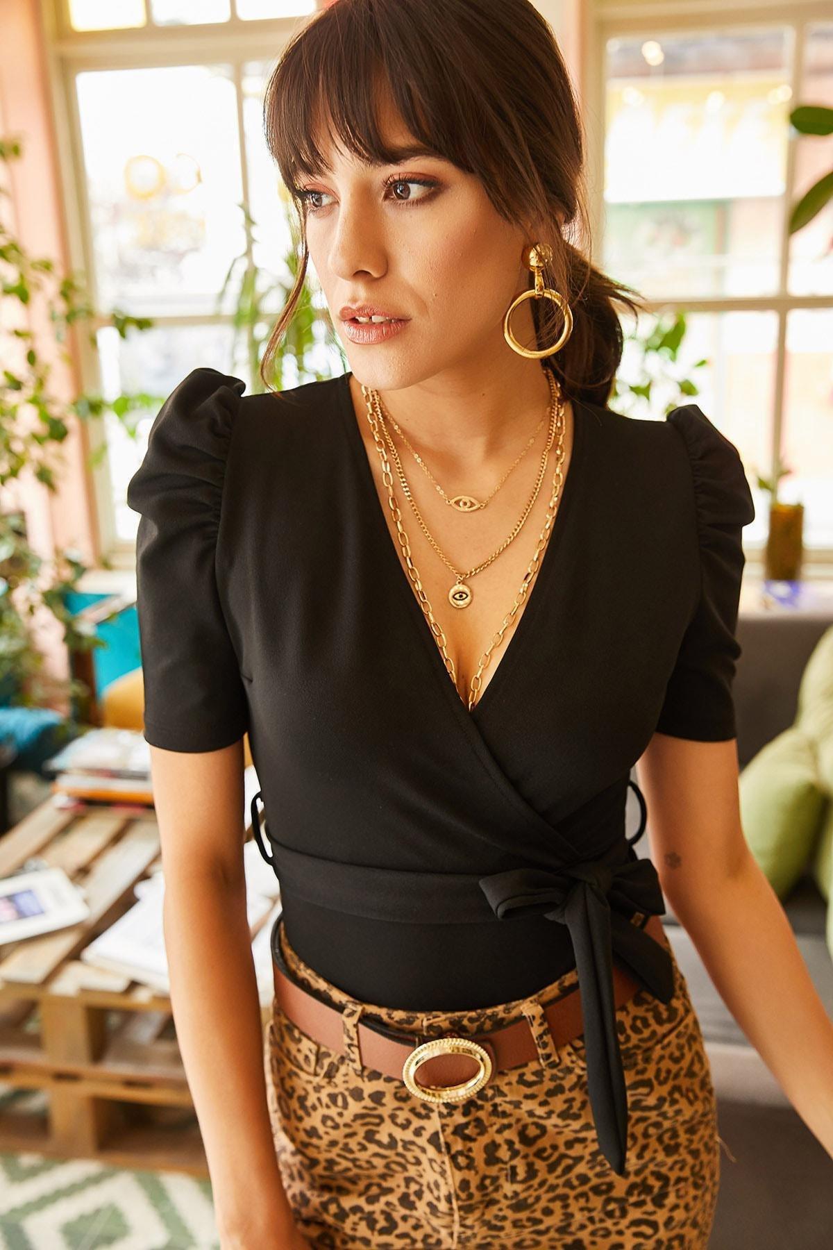Black Belted Double Breasted Crepe Blouse, , large image number 3