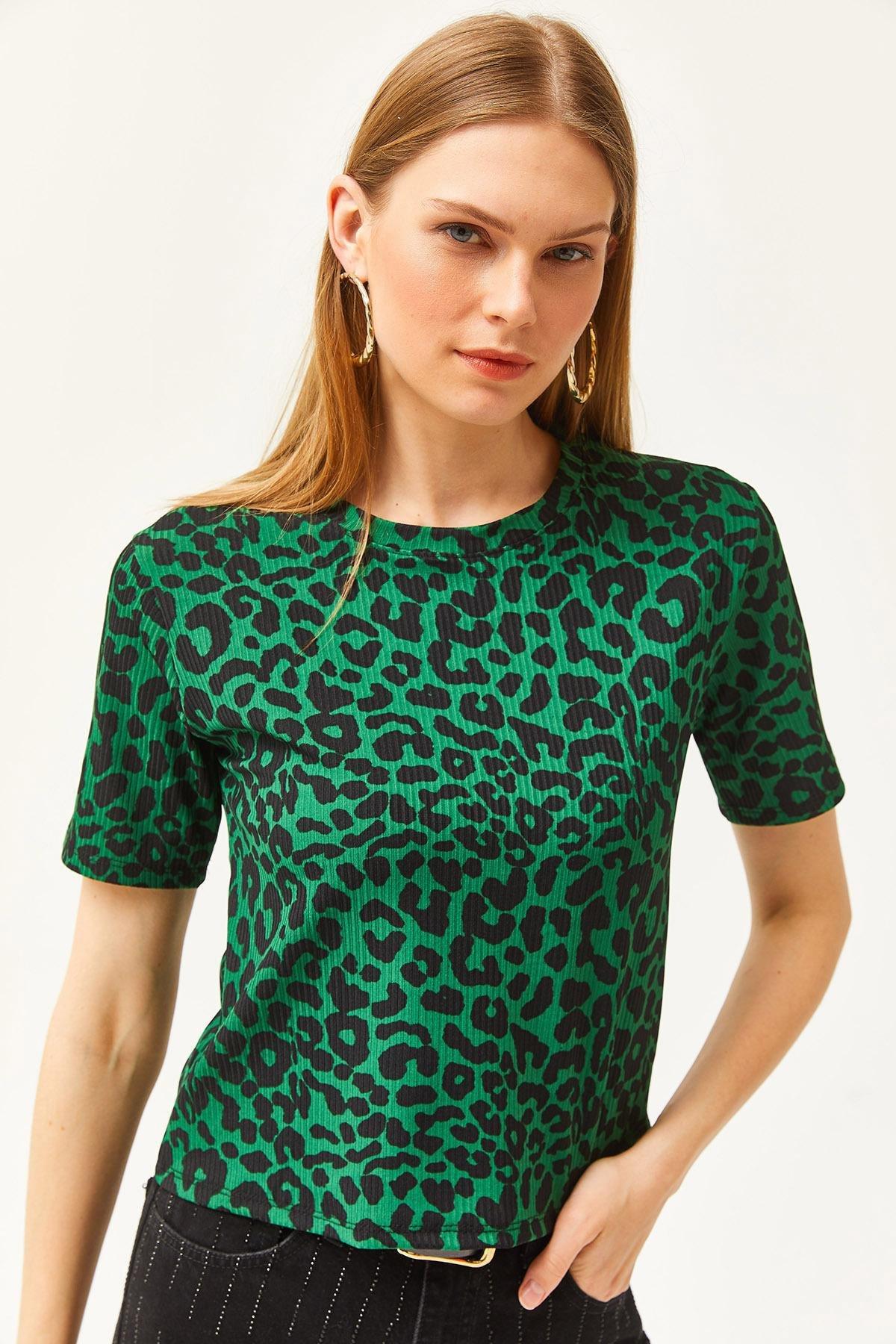 Womens Leopard Emerald Green Ribbed Crop Knitted T-Shirt TSH-19000328, single, , medium