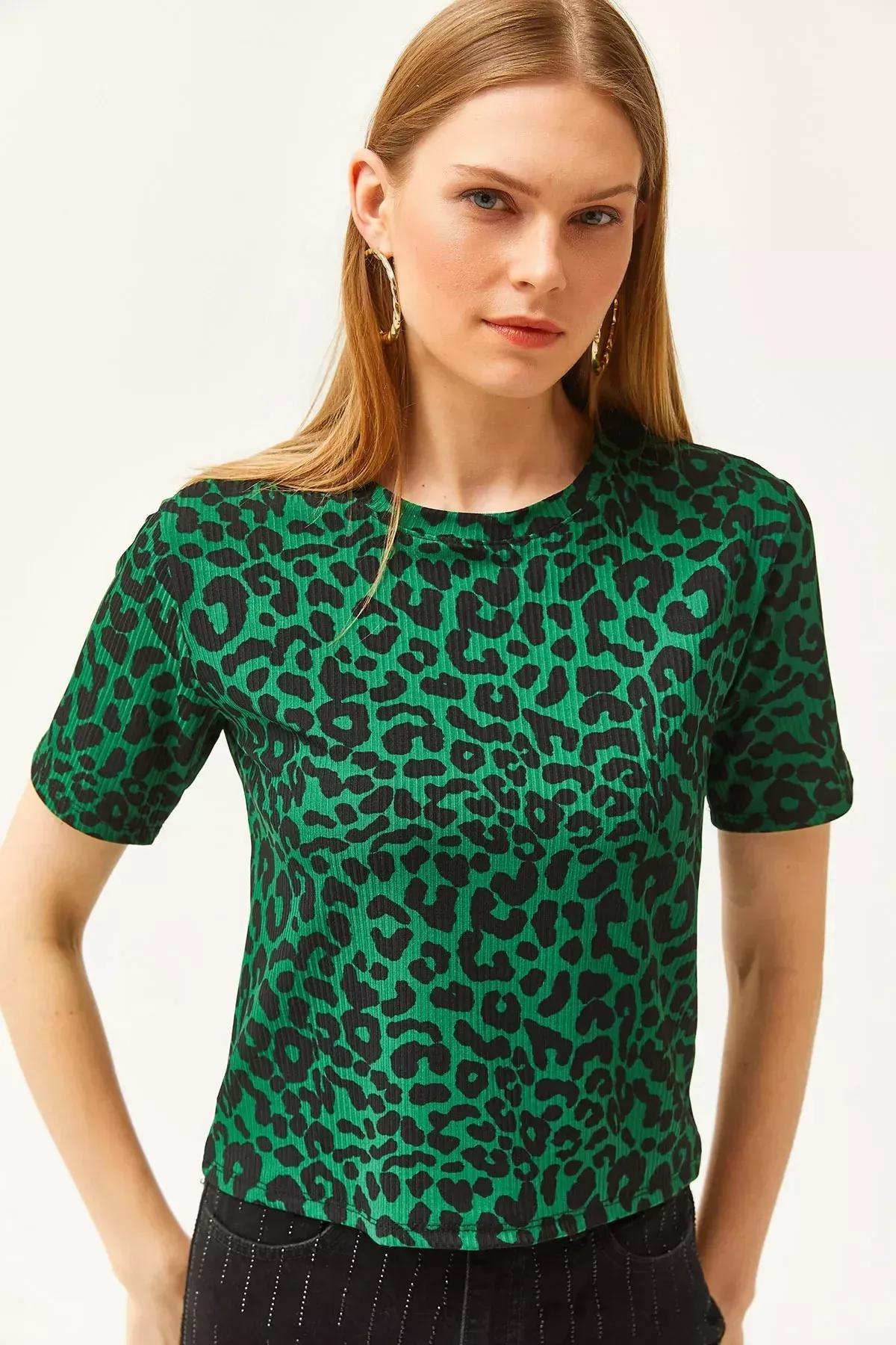 Green Leopard Ribbed Crop T-Shirt, , medium
