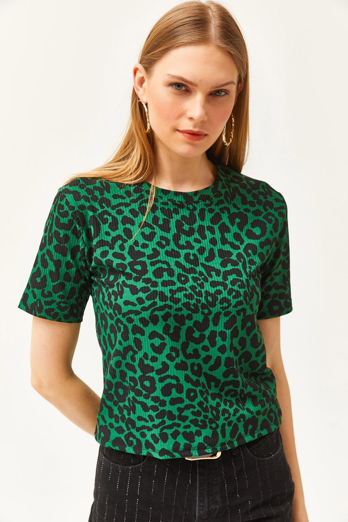Womens Leopard Emerald Green Ribbed Crop Knitted T-Shirt TSH-19000328, single, , large image number 1