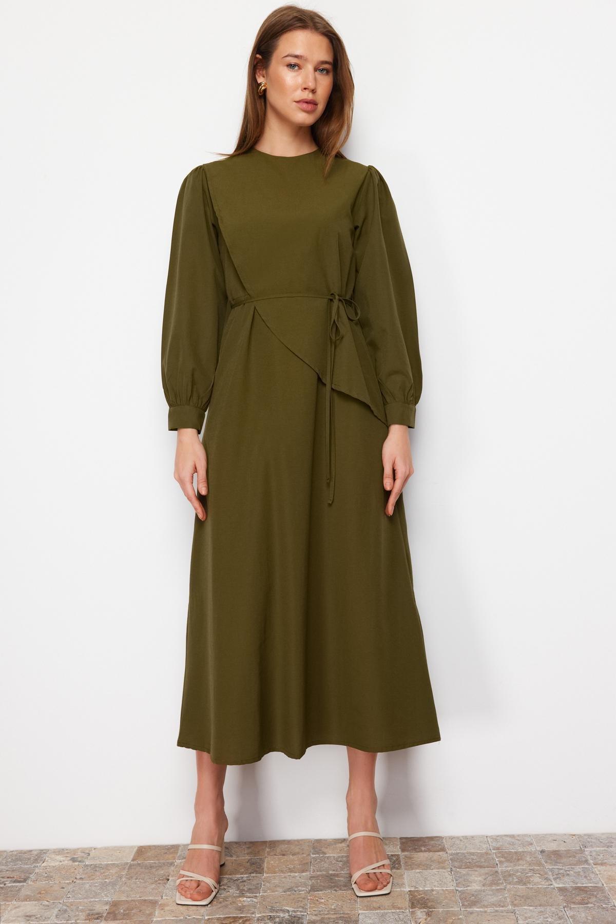 Khaki Belted Front Split Woven Dress, , large image number 0