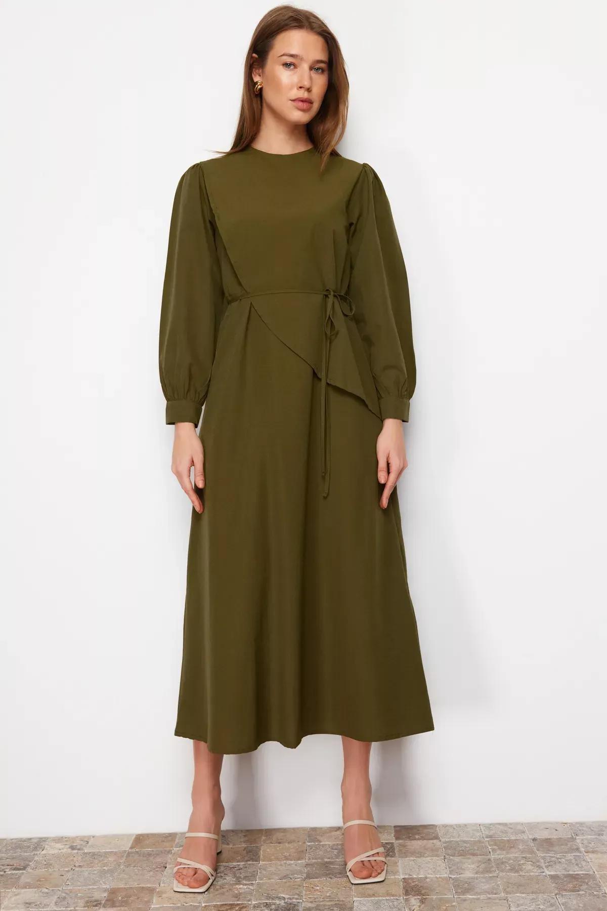 Khaki Belted Front Split Woven Dress, Khaki, large image number 0