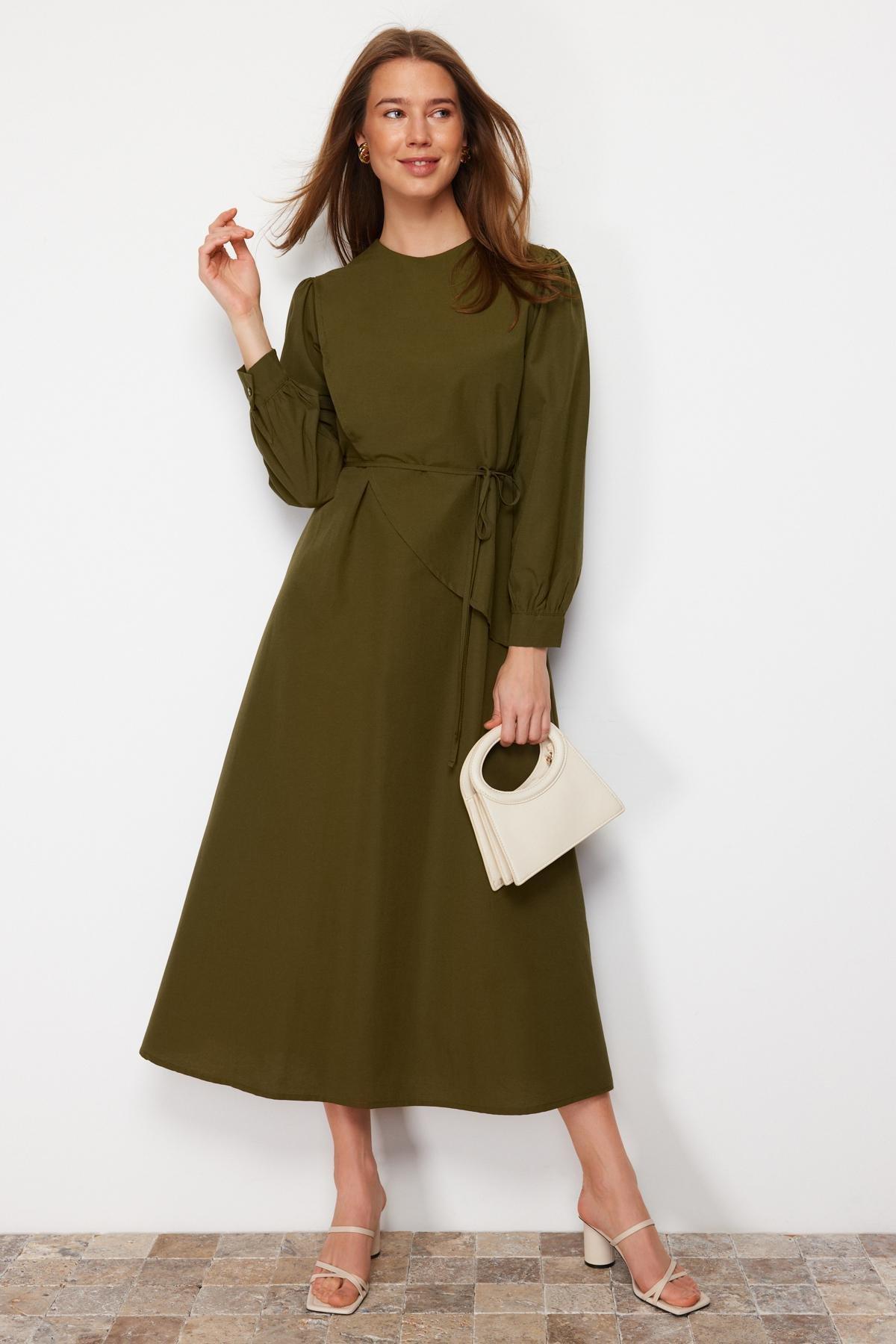 Khaki Belted Front Split Woven Dress, , large image number 1