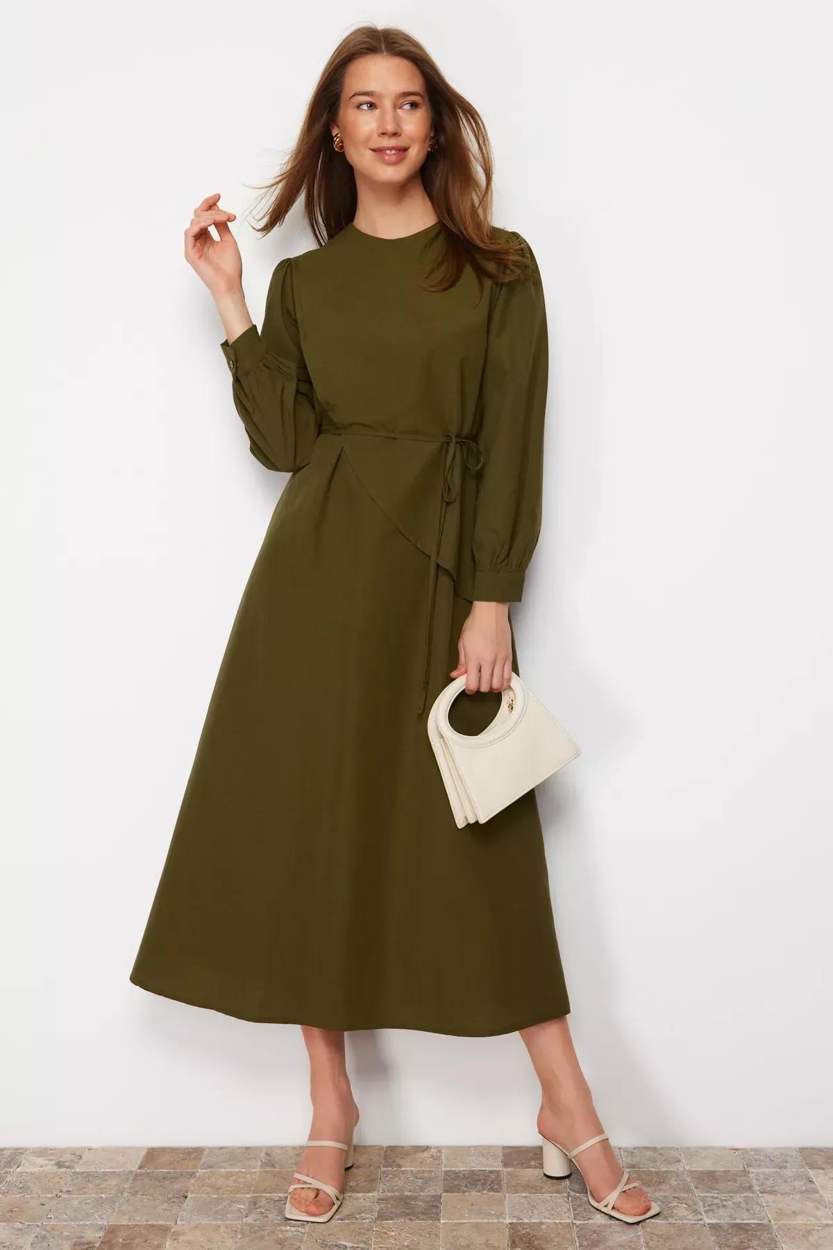 Khaki Belted Front Split Woven Dress, Khaki, large image number 1
