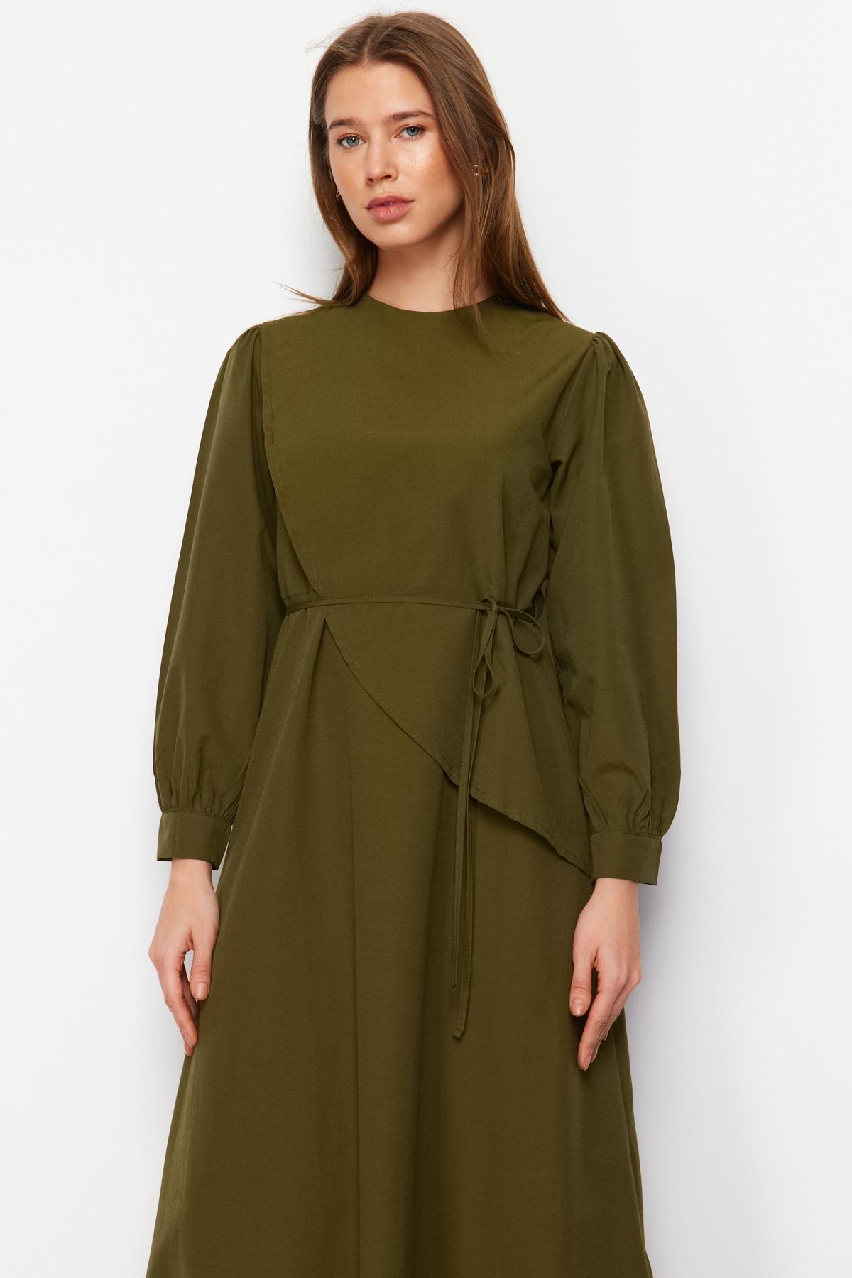 Khaki Belted Front Split Woven Dress, , large image number 2