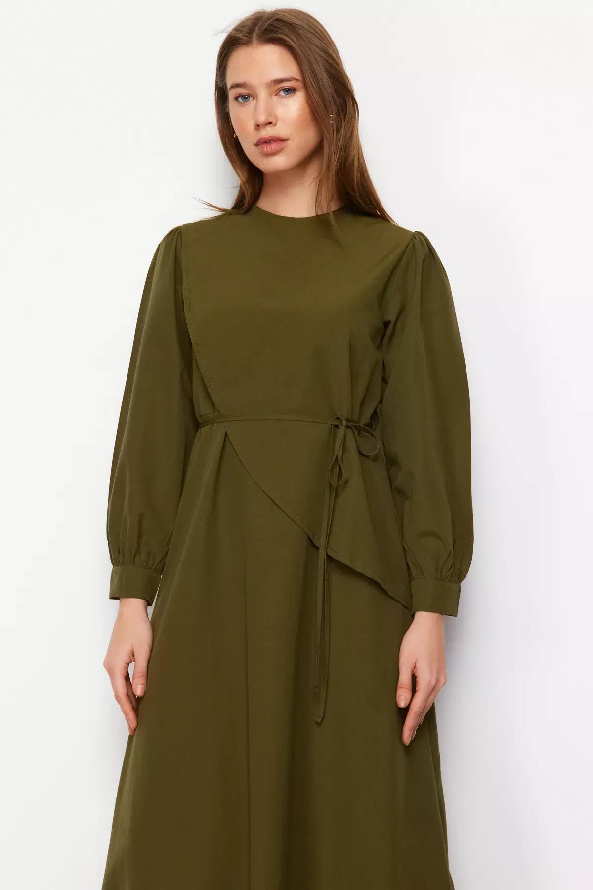 Khaki Belted Front Split Woven Dress, Khaki, large image number 2