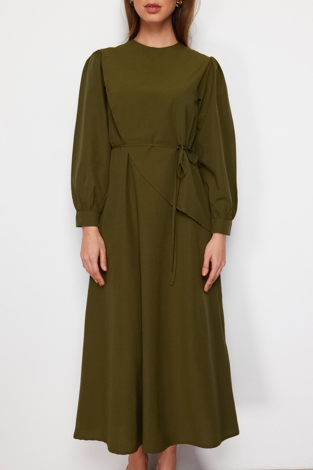 Khaki Belted Front Split Woven Dress, , large image number 3