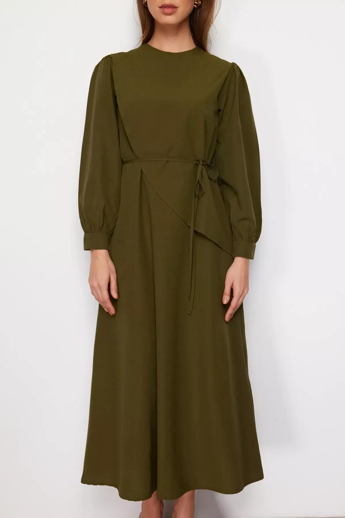 Khaki Belted Front Split Woven Dress, Khaki, large image number 3