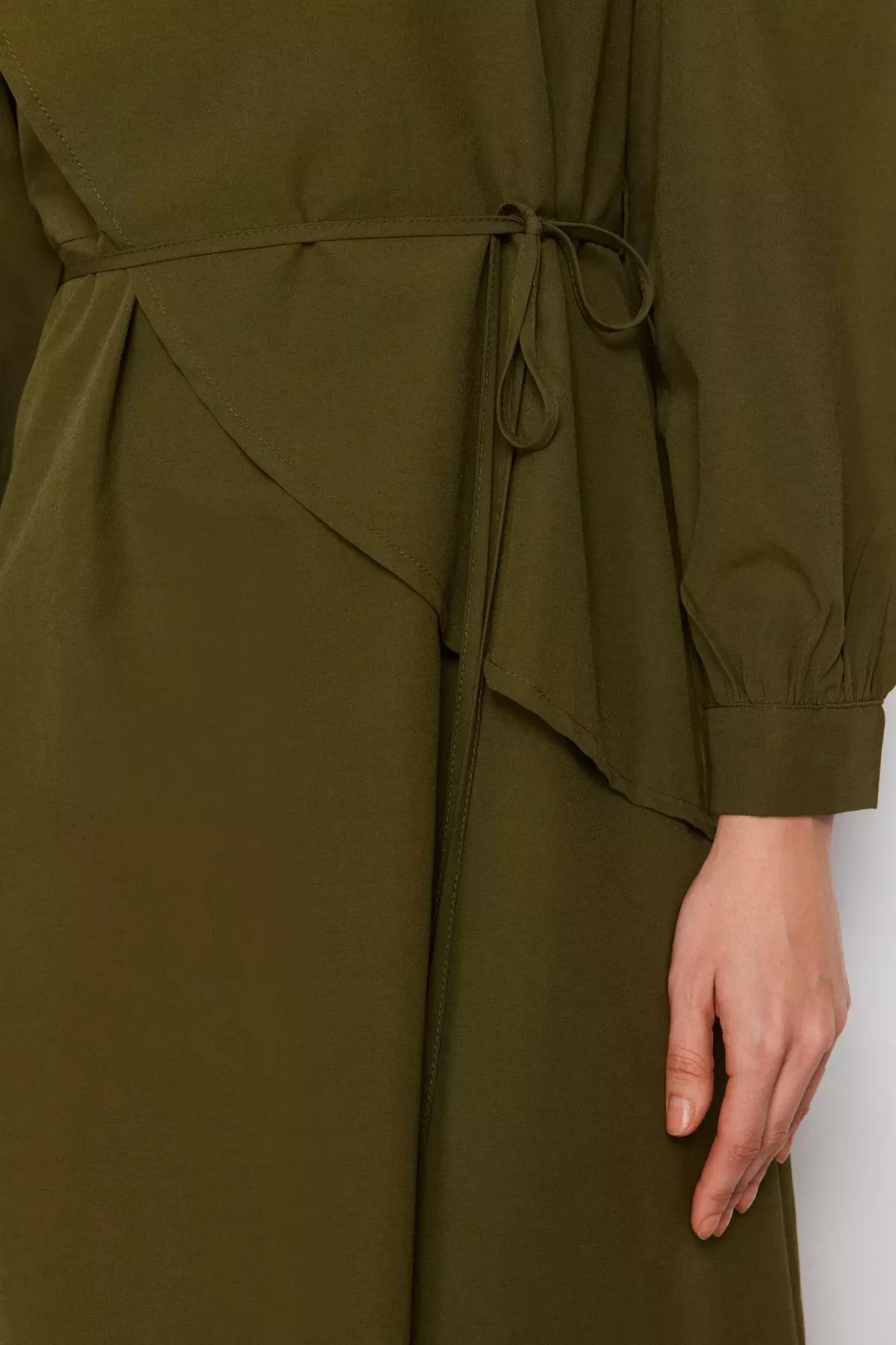 Khaki Belted Front Split Woven Dress, Khaki, large image number 4