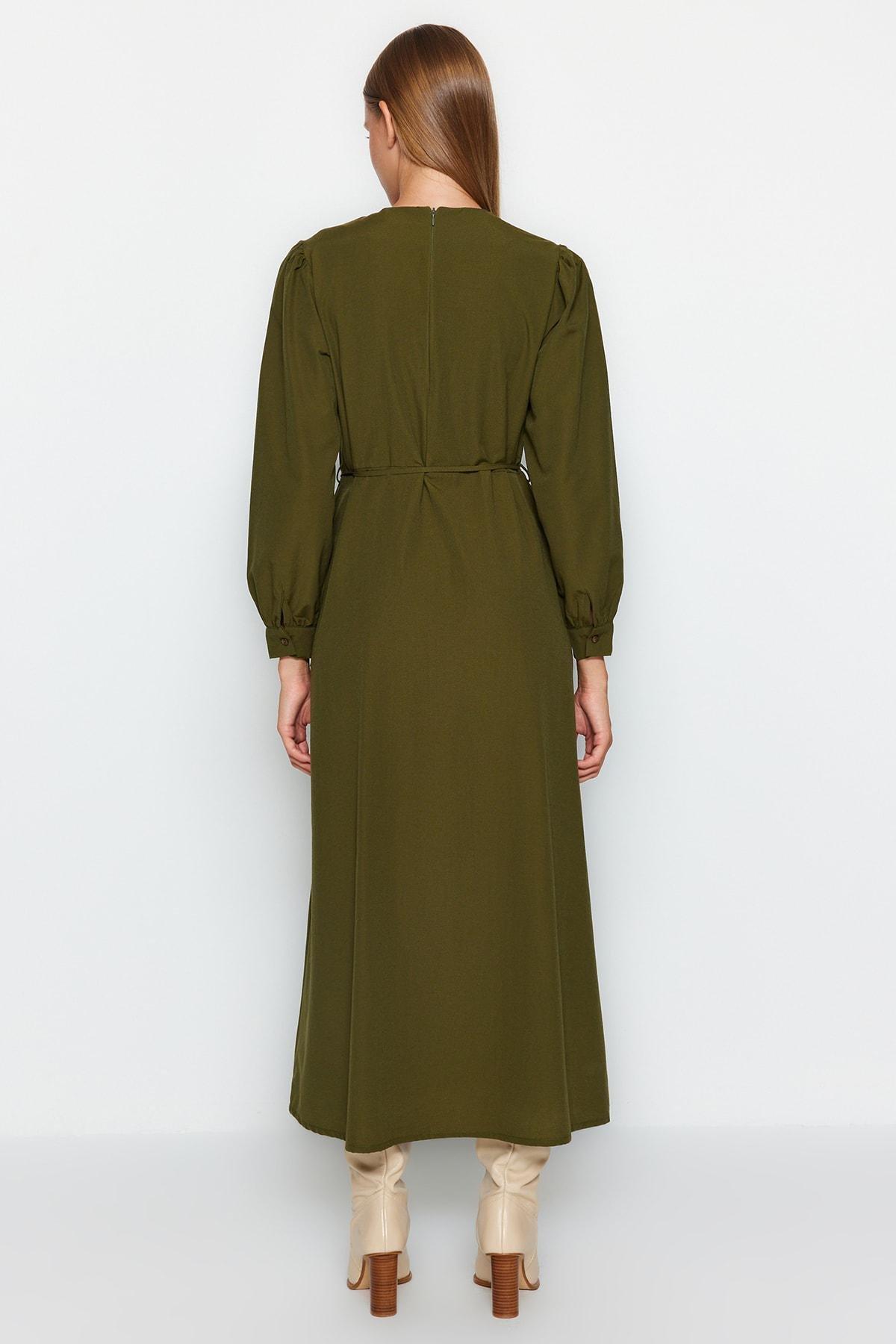 Khaki Belted Front Split Woven Dress, , large image number 5