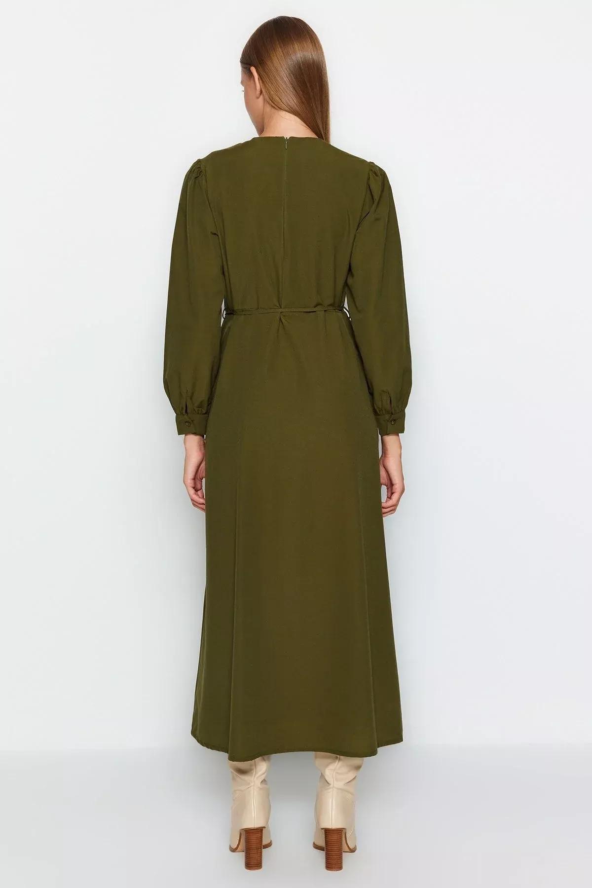 Khaki Belted Front Split Woven Dress, Khaki, large image number 5