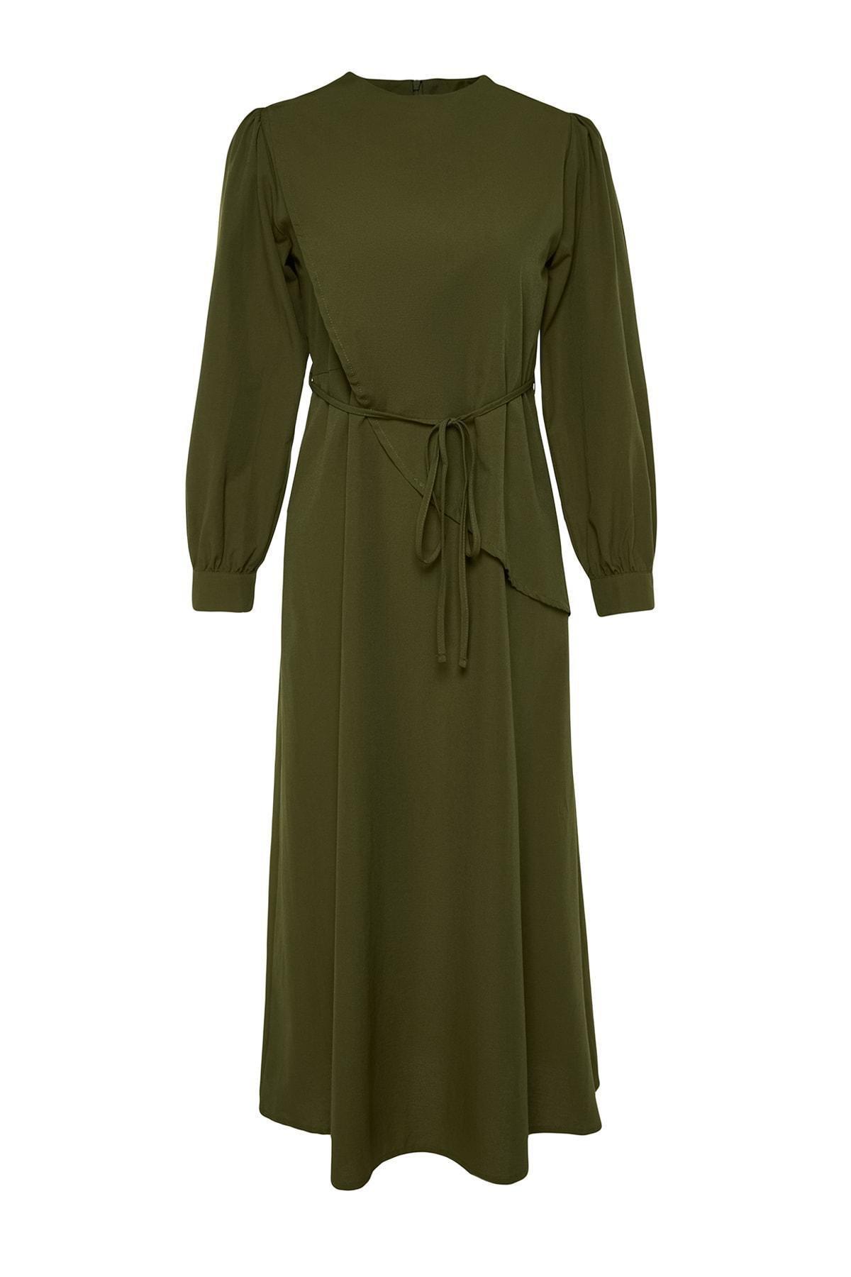 Khaki Belted Front Split Woven Dress, , large image number 6