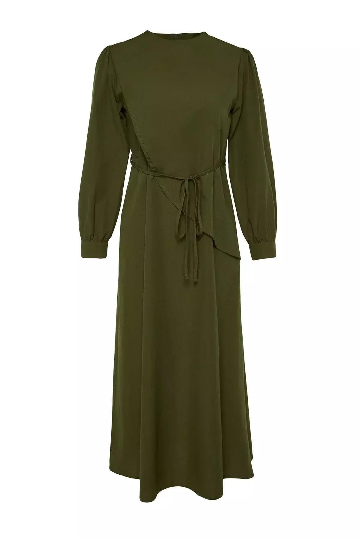 Khaki Belted Front Split Woven Dress, Khaki, large image number 6