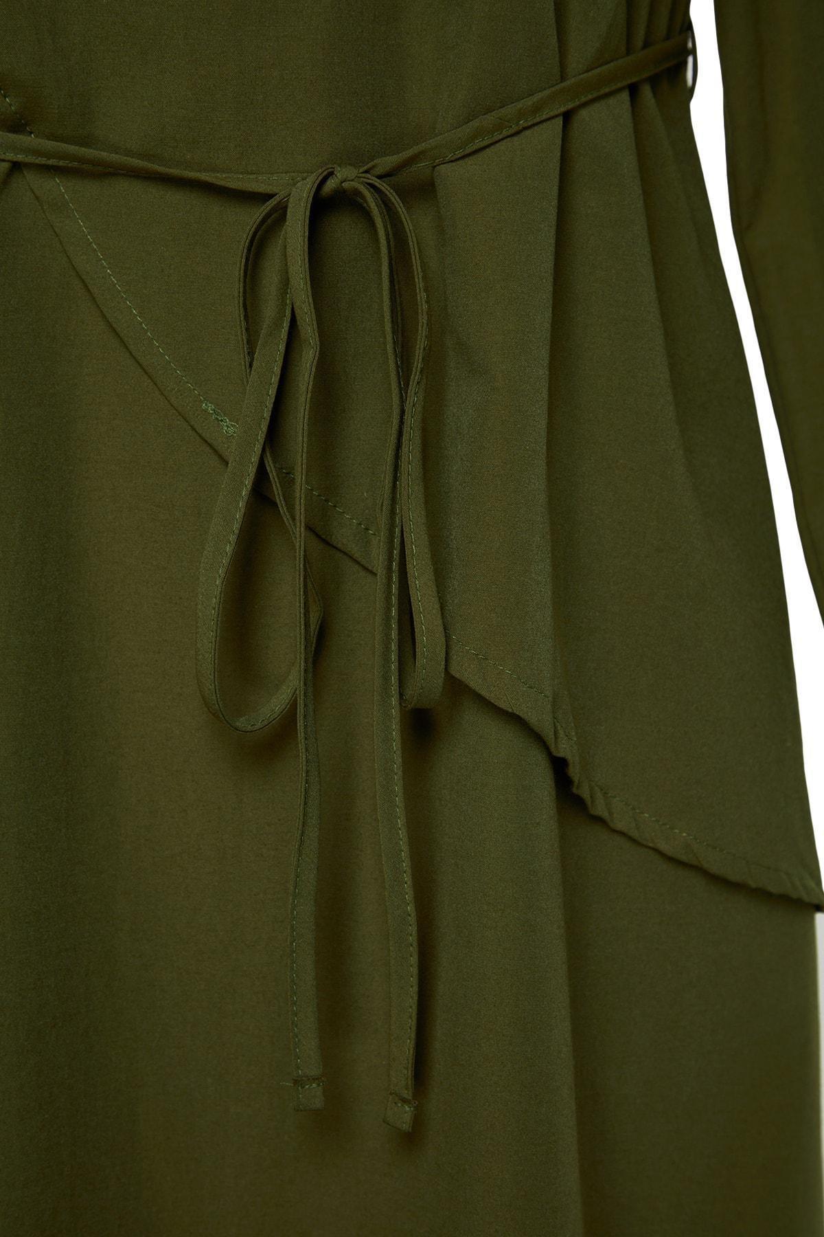 Khaki Belted Front Split Woven Dress, , large image number 7