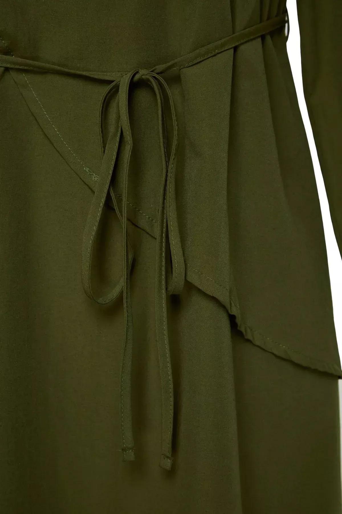 Khaki Belted Front Split Woven Dress, Khaki, large image number 7
