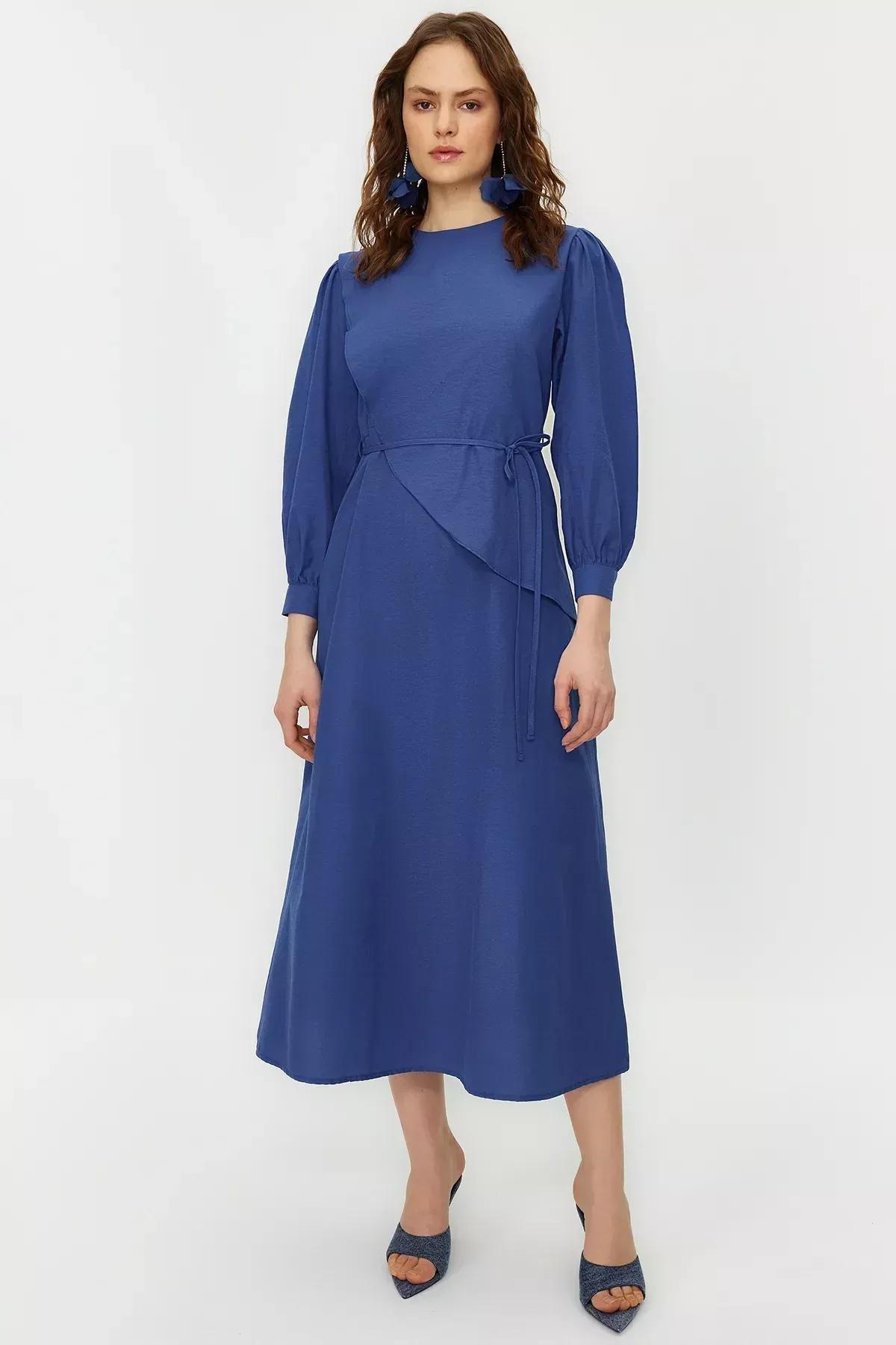 Blue Belted Cotton Woven Dress, , large image number 0