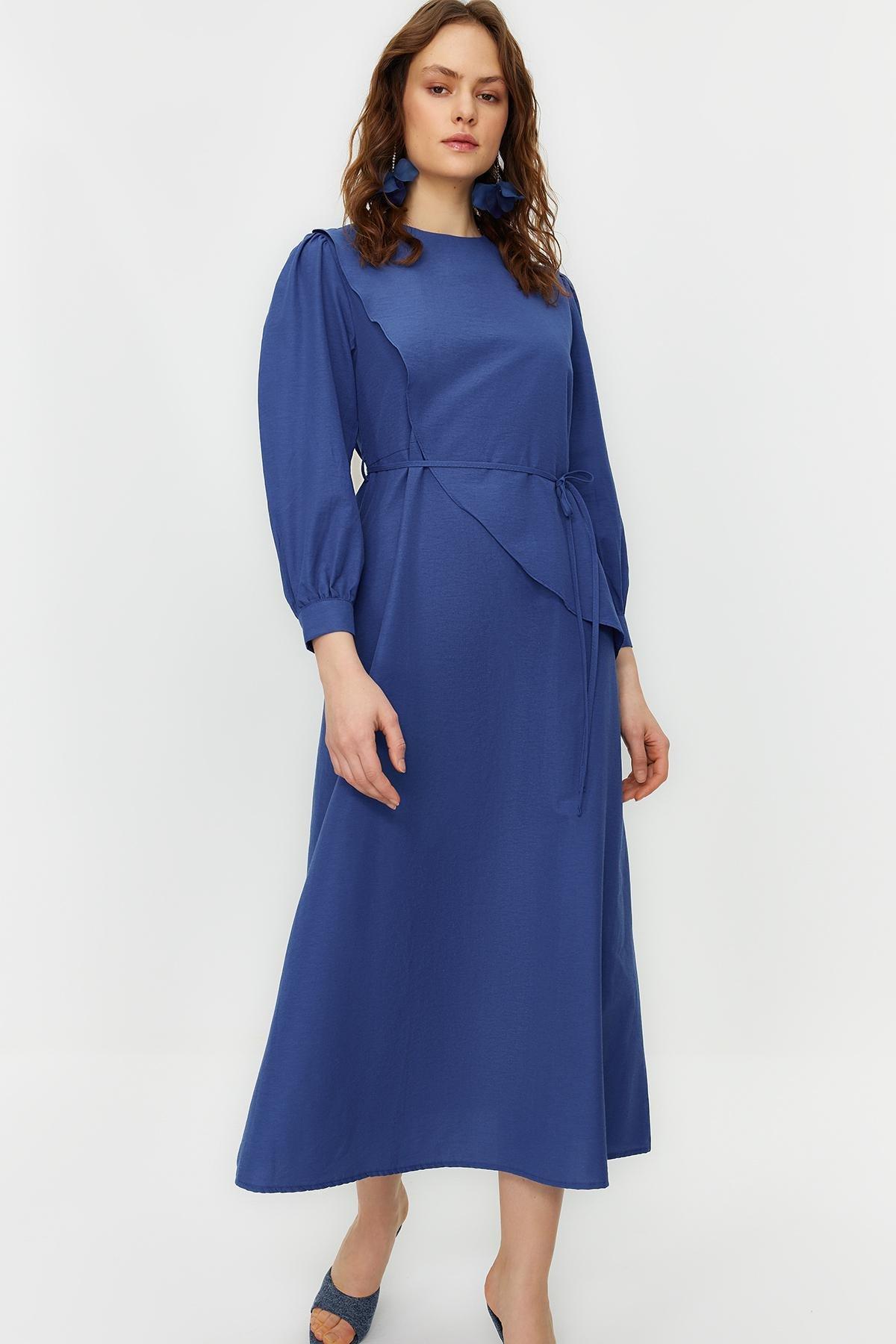 Blue Belted Cotton Woven Dress, , large image number 1