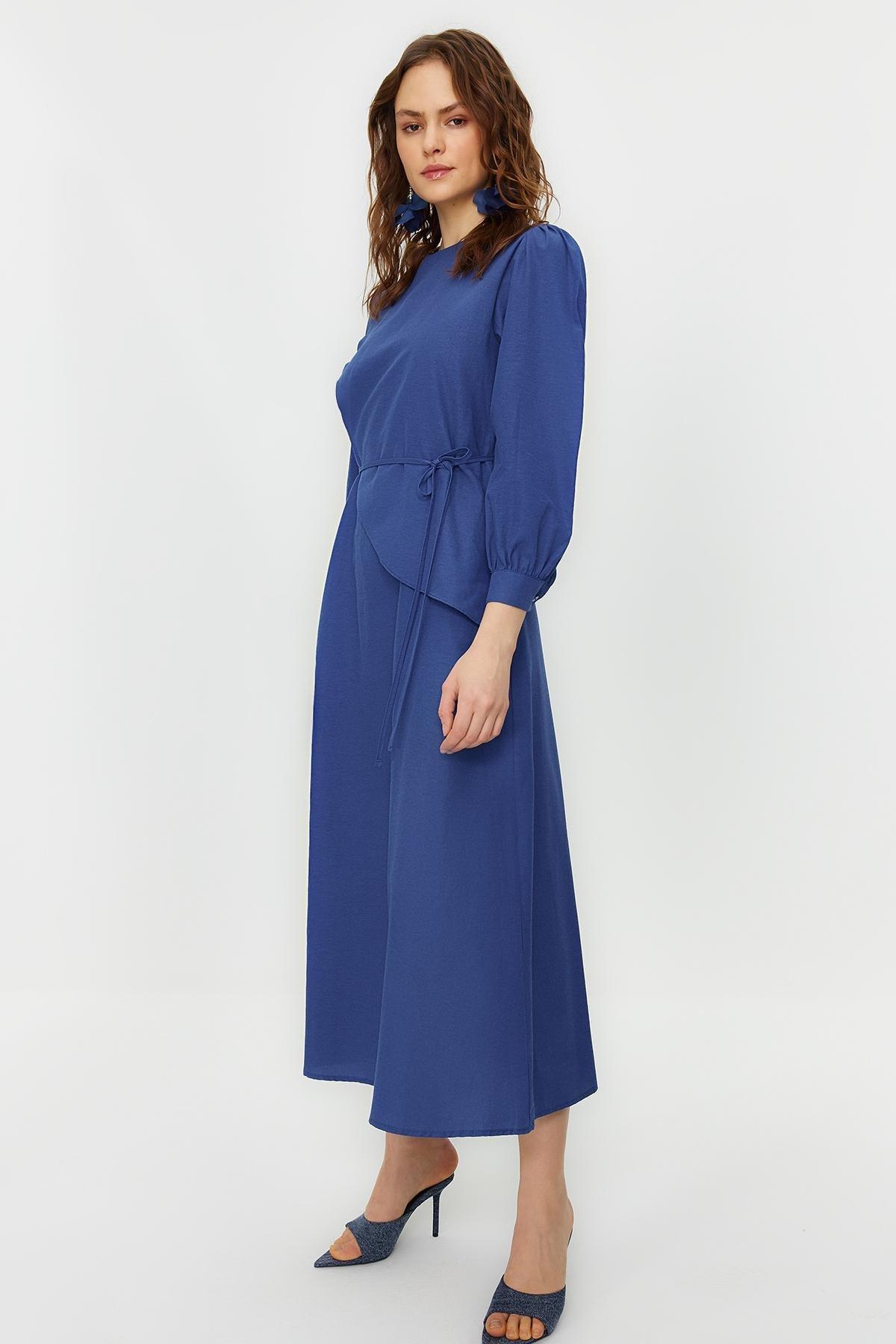 Blue Belted Cotton Woven Dress, , large image number 2