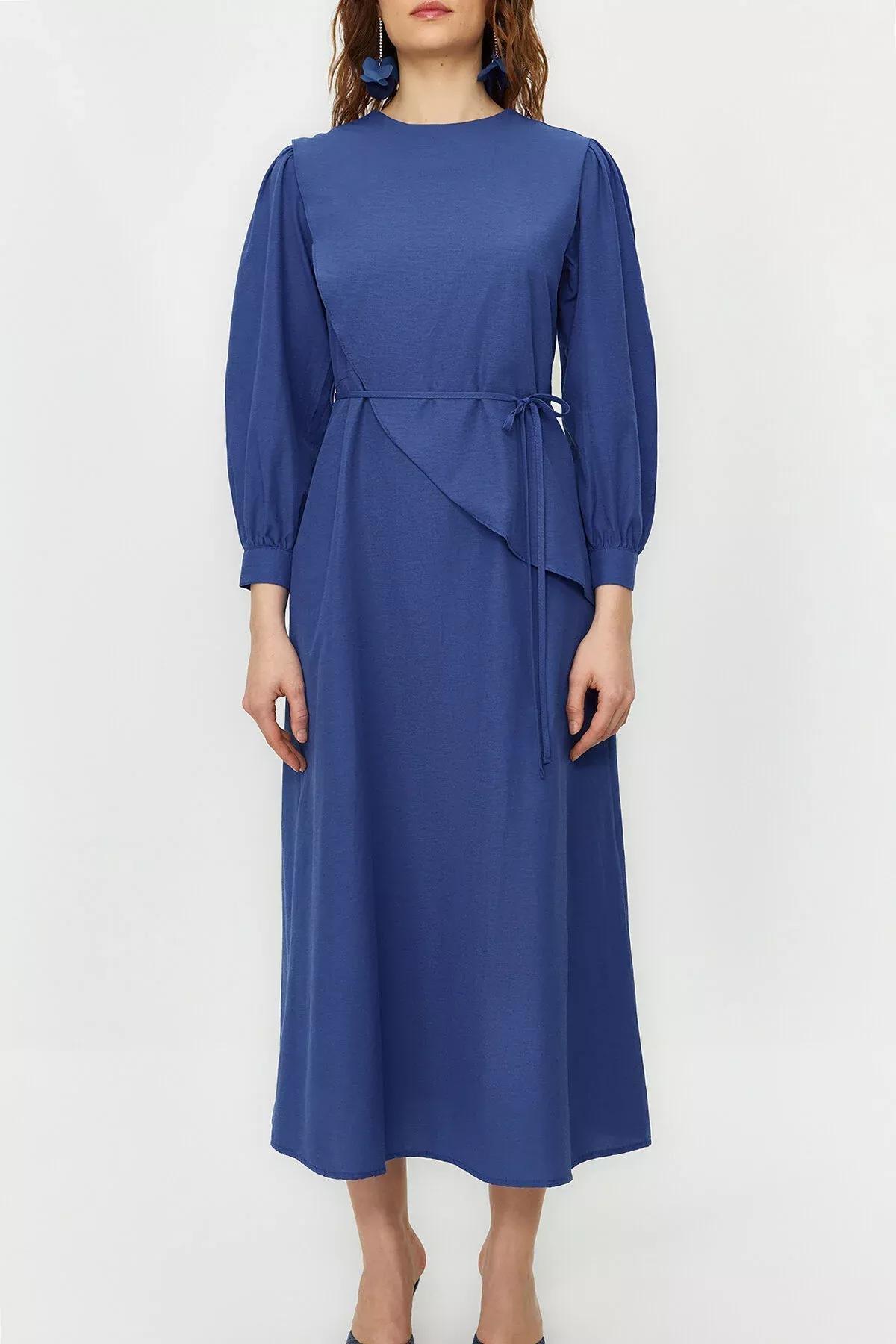 Blue Belted Cotton Woven Dress, , large image number 3