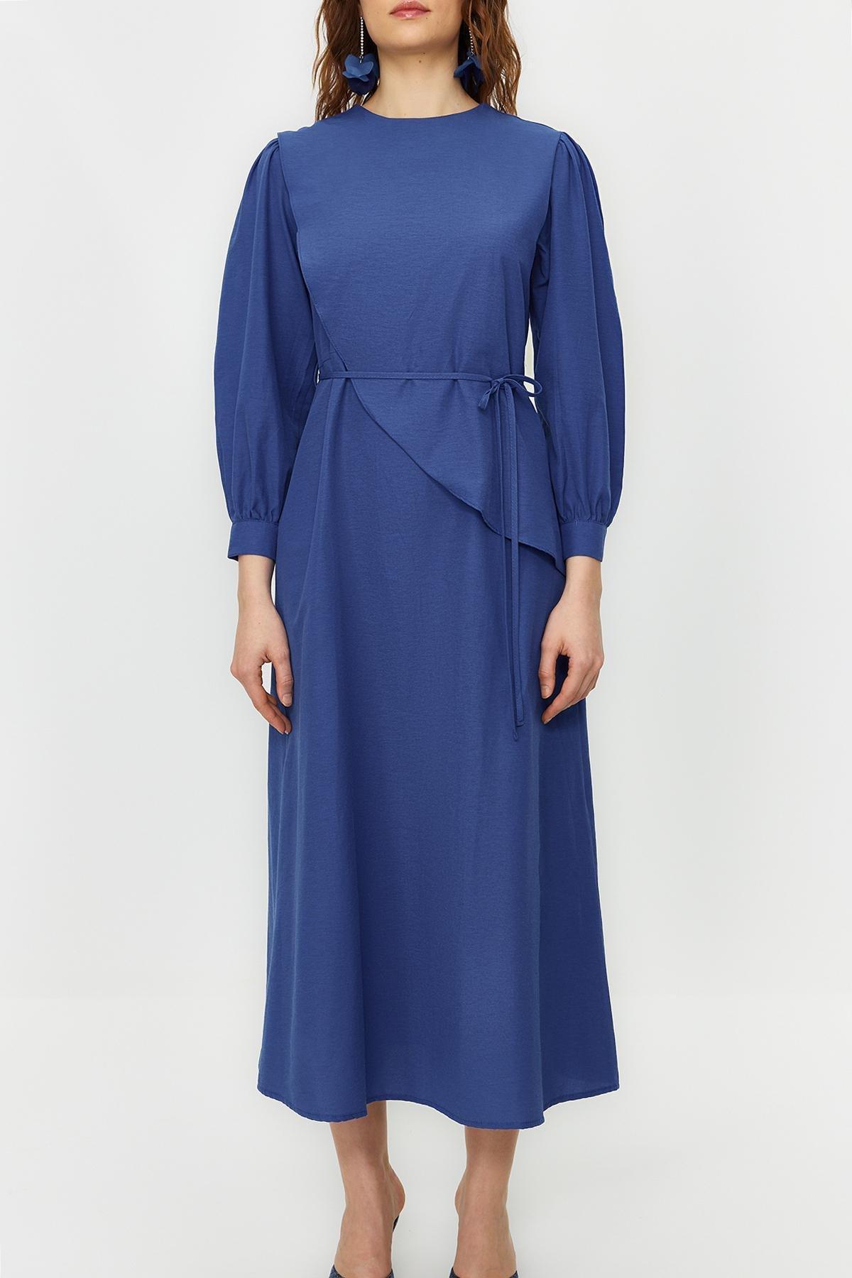 Blue Belted Cotton Woven Dress, , large image number 3