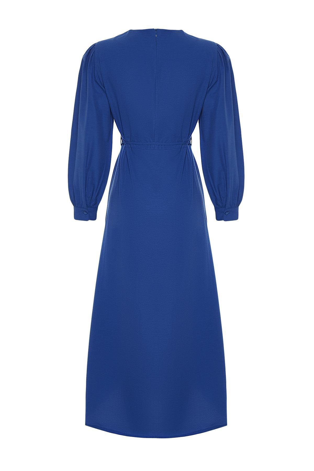 Blue Belted Cotton Woven Dress, , large image number 6
