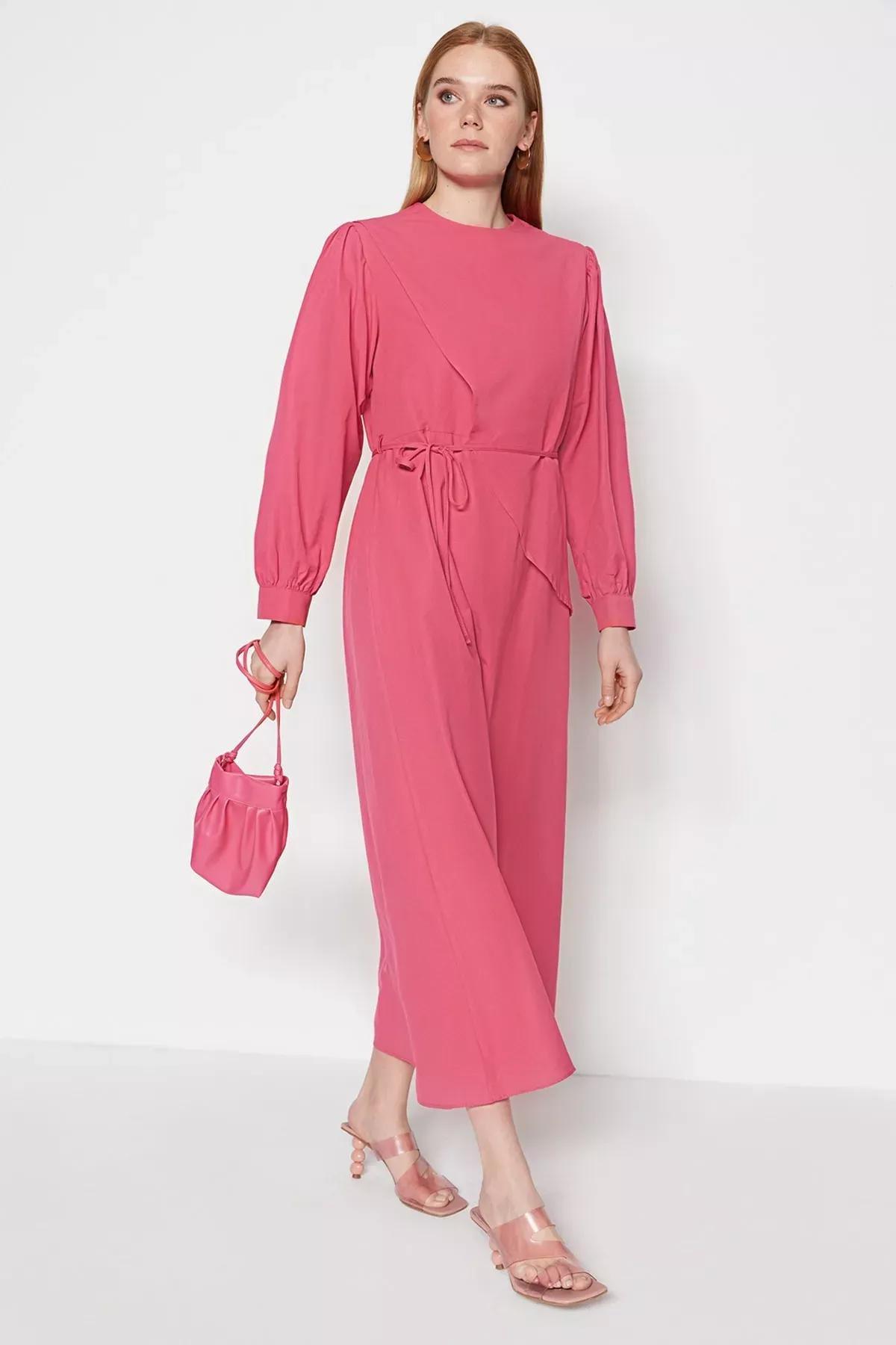 Pink Crew Neck A-Line Dress, , large image number 0