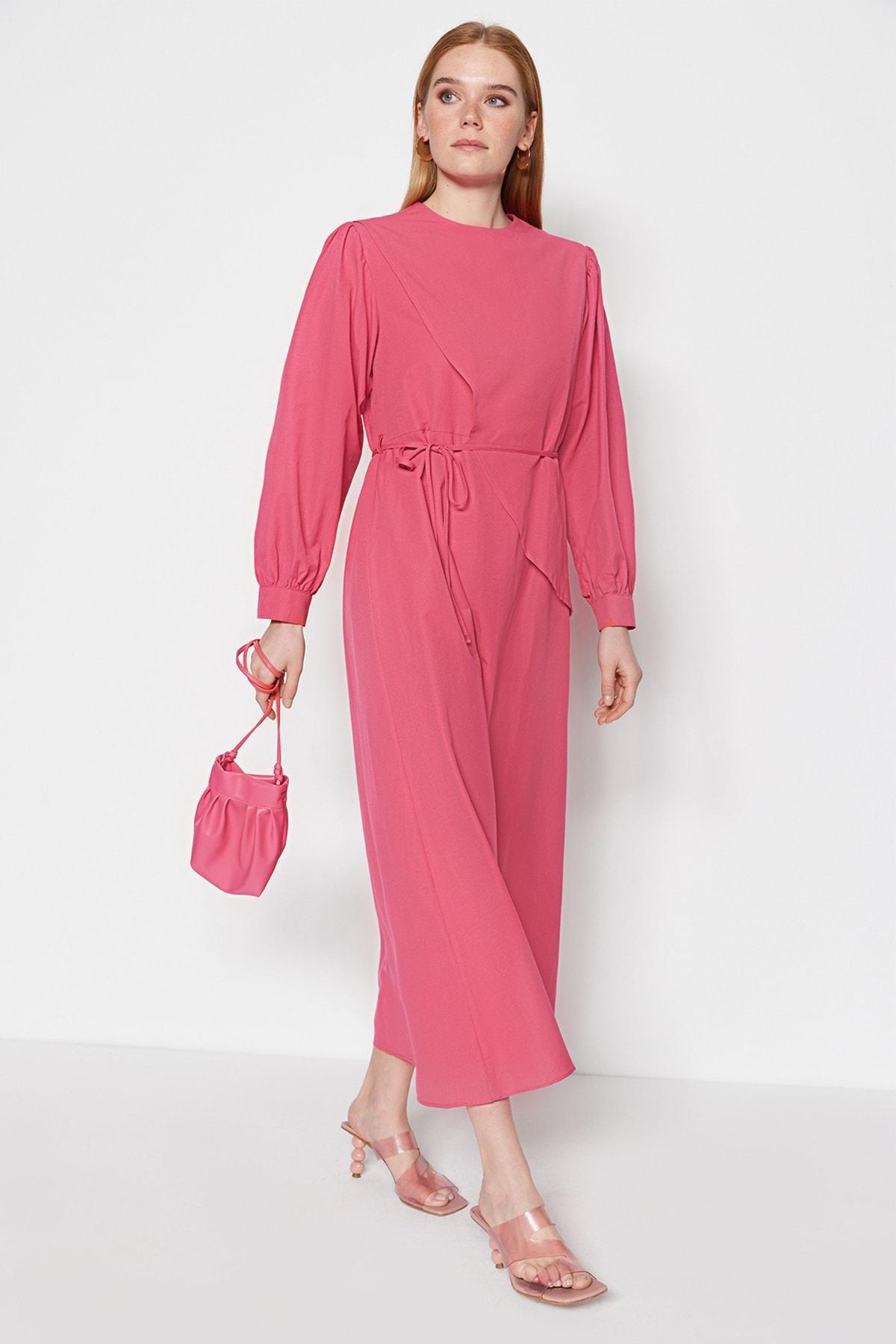 Pink Crew Neck A-Line Dress, , medium