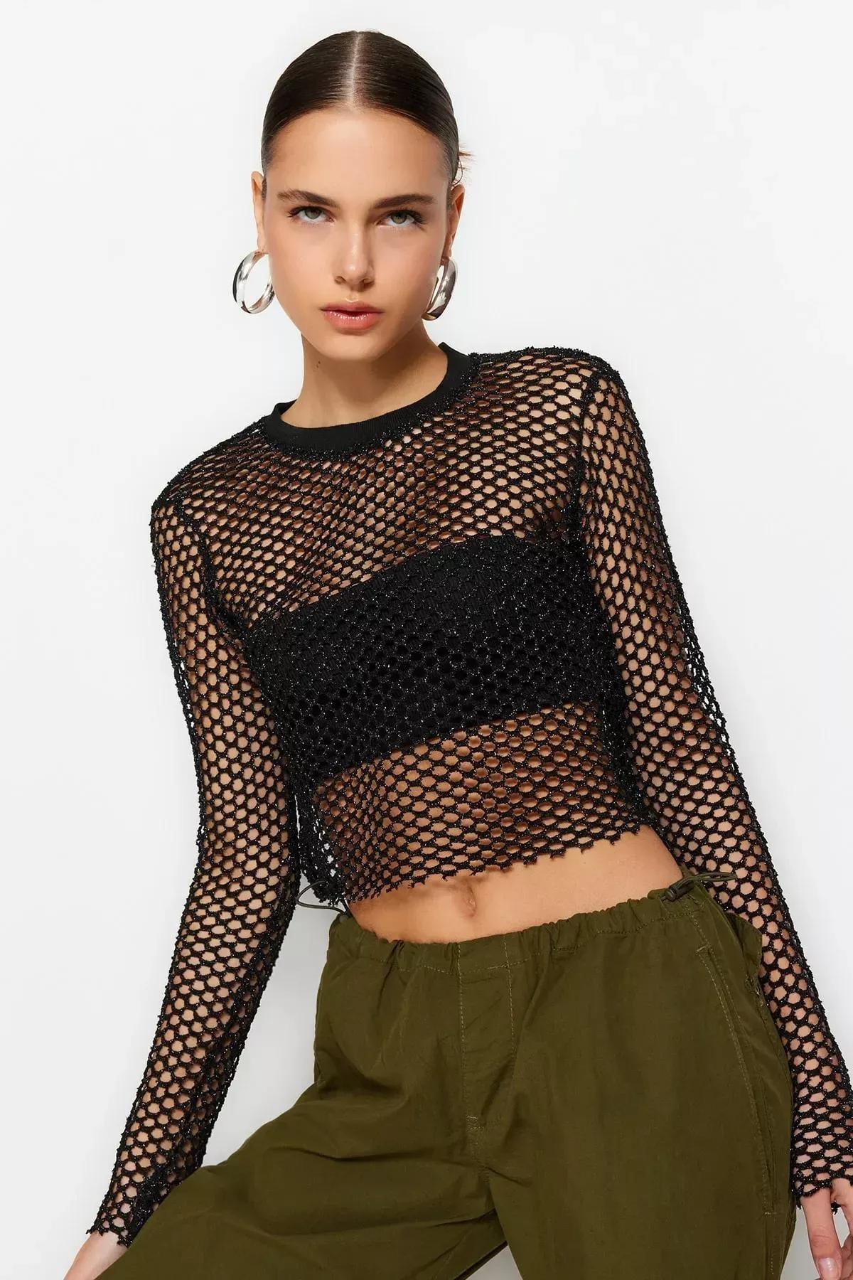 Black Crew Neck Blouse, Black, large image number 0