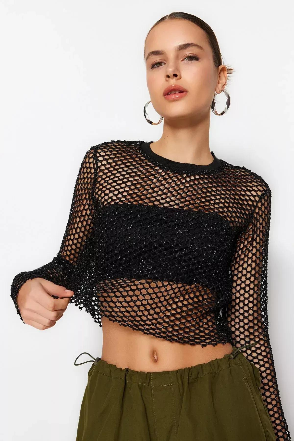 Black Crew Neck Blouse, Black, large image number 1