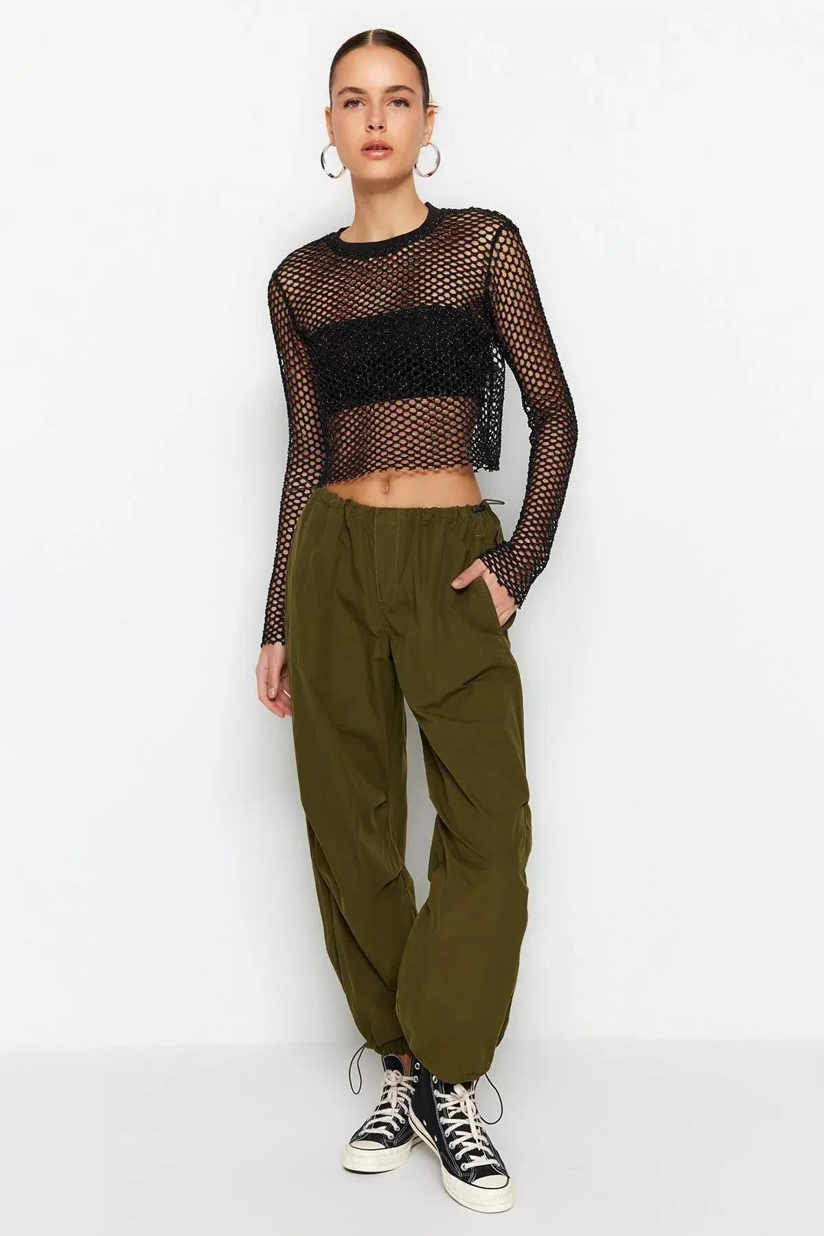 Black Crew Neck Blouse, Black, large image number 2