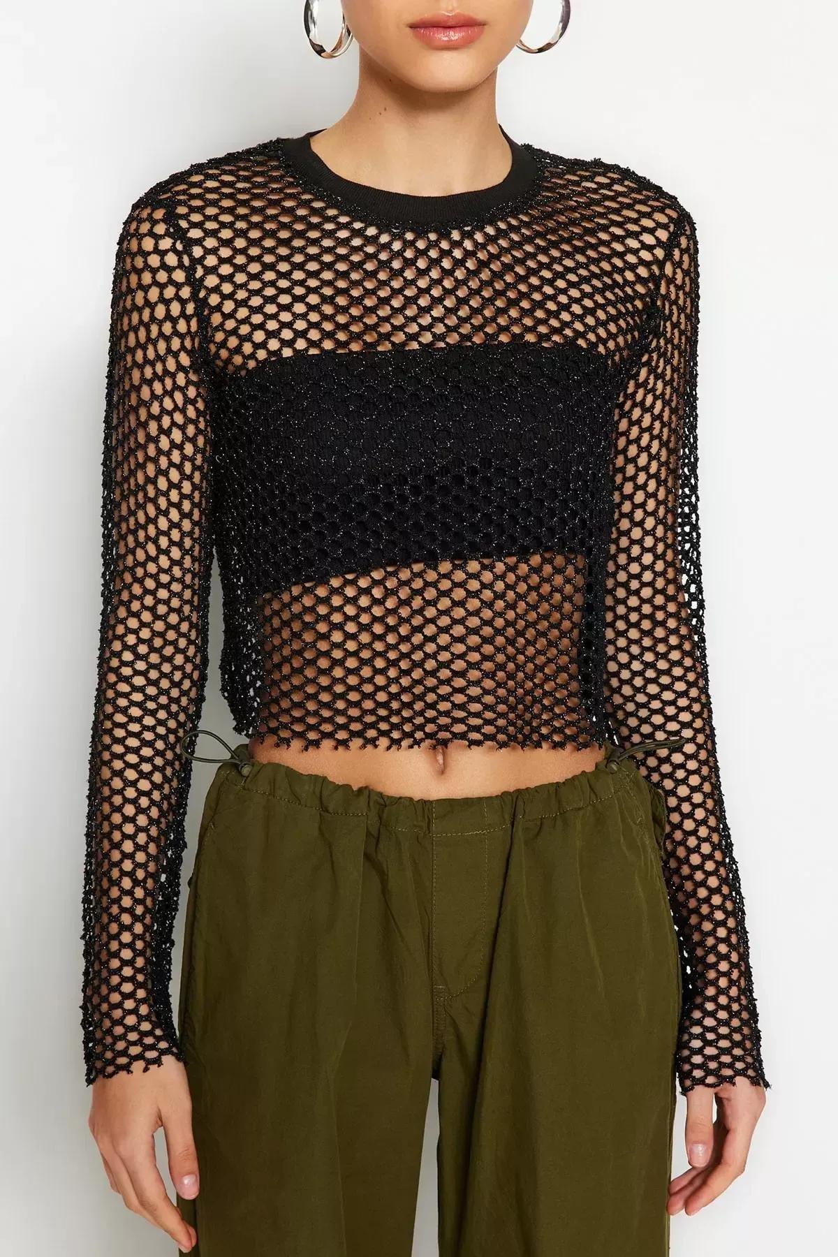 Black Crew Neck Blouse, Black, large image number 3