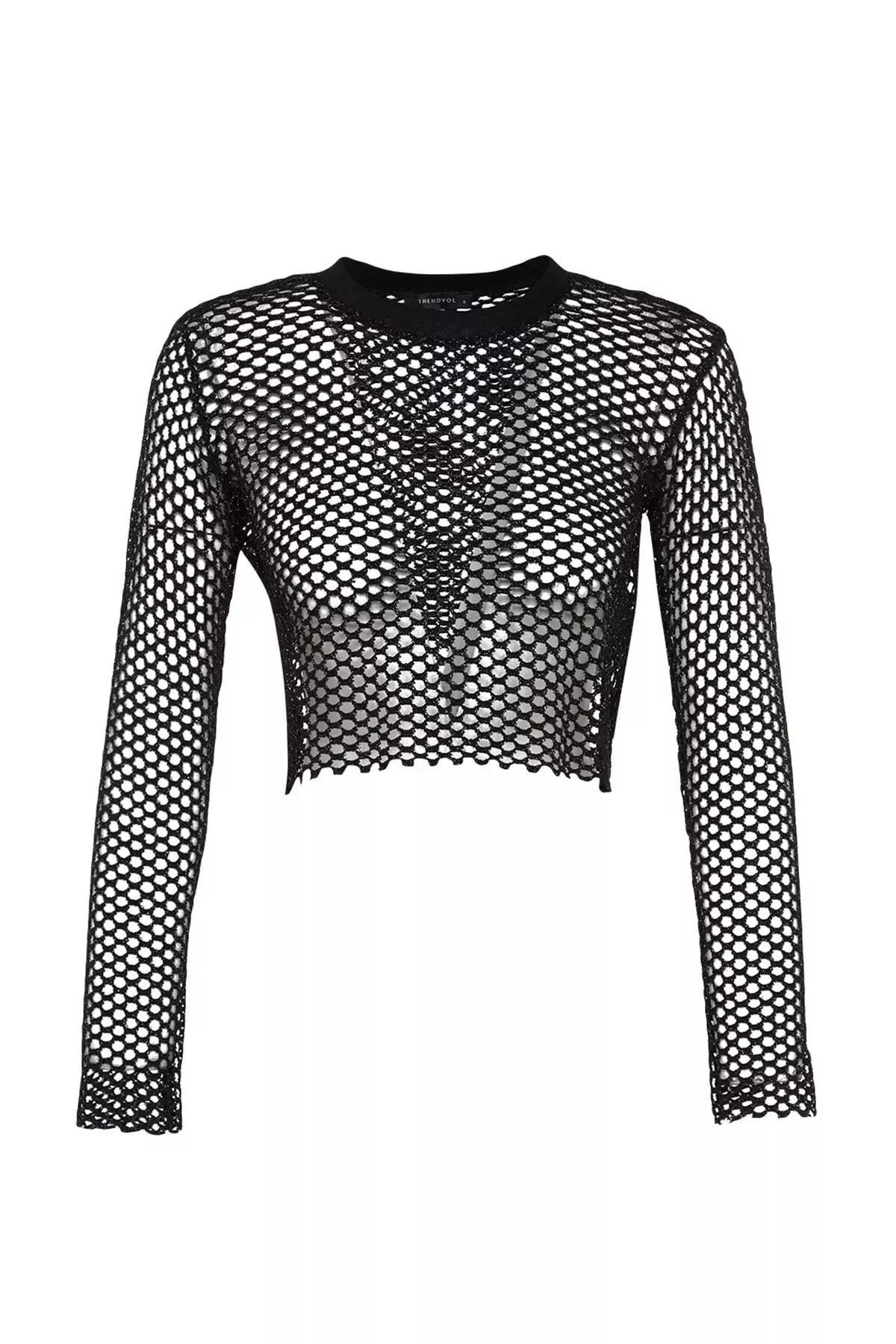 Black Crew Neck Blouse, Black, large image number 5