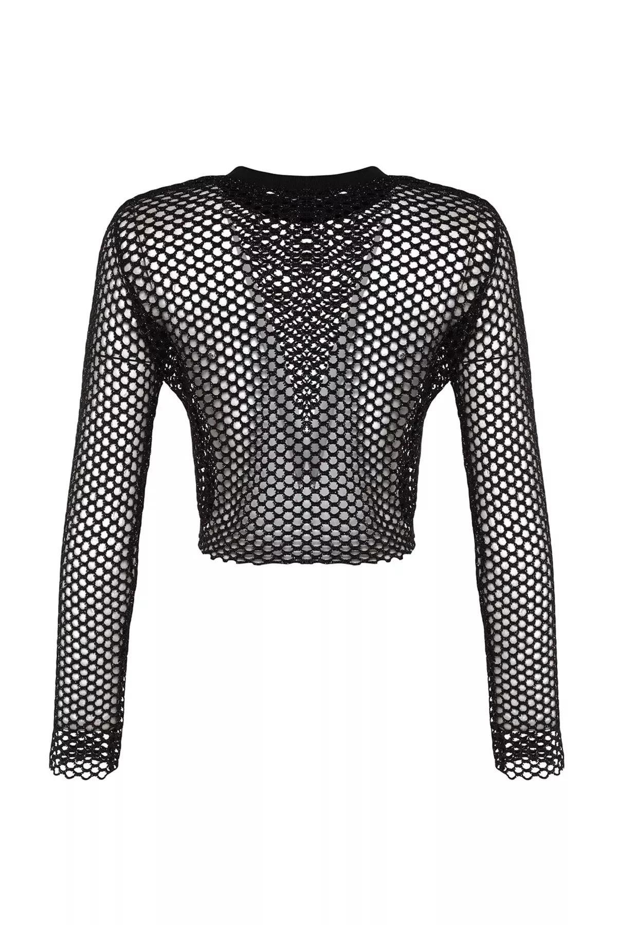 Black Crew Neck Blouse, Black, large image number 7
