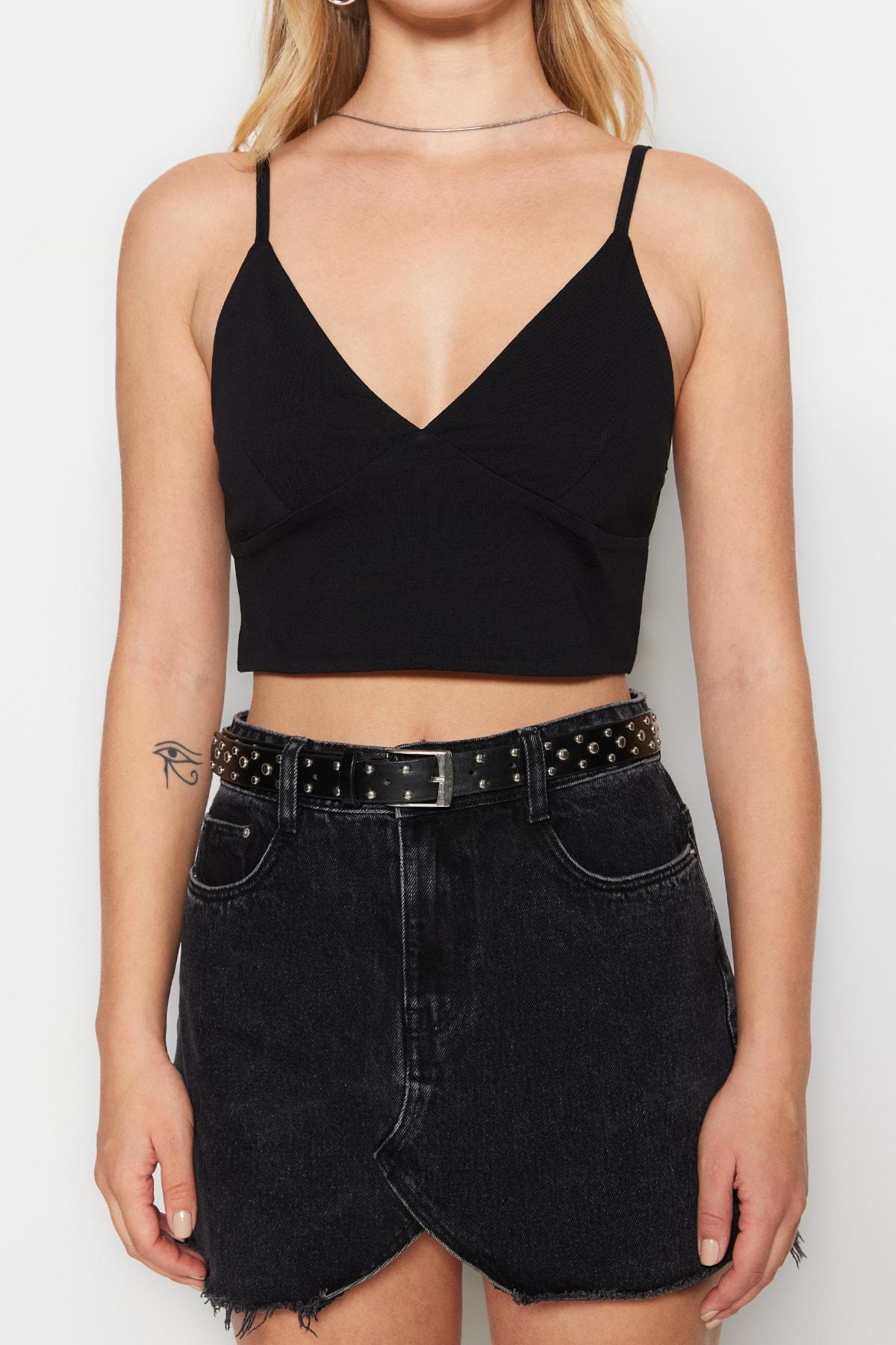Black V-Neck Crop Top, , large image number 2