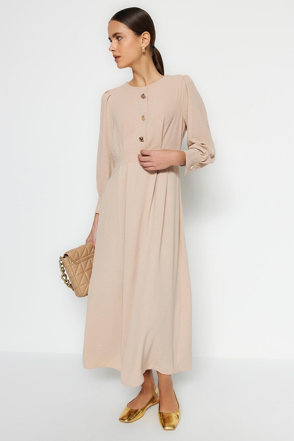 Beige Crew Neck A-Line Dress, , large image number 0