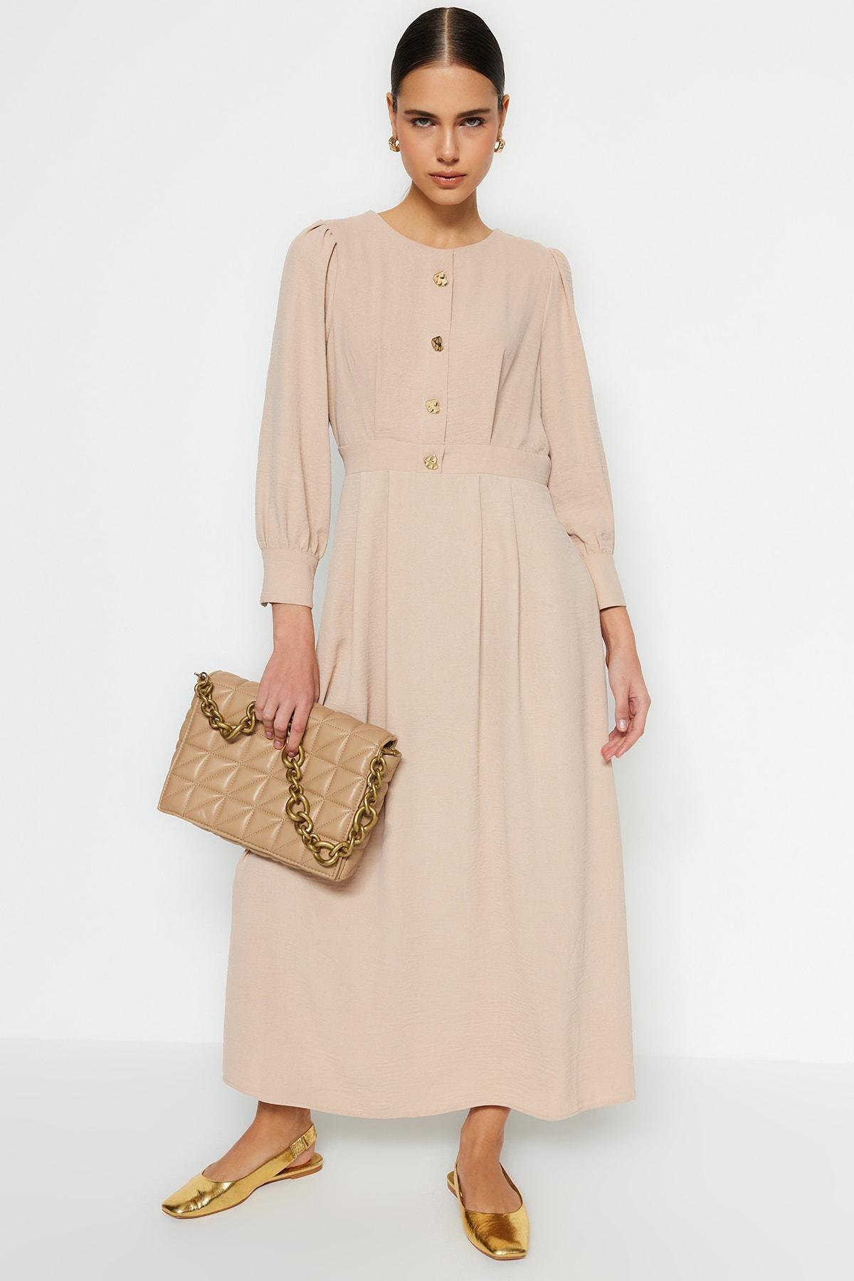 Beige Crew Neck A-Line Dress, , large image number 1