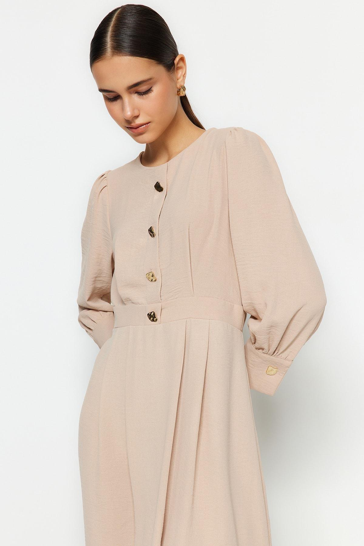 Beige Crew Neck A-Line Dress, , large image number 2