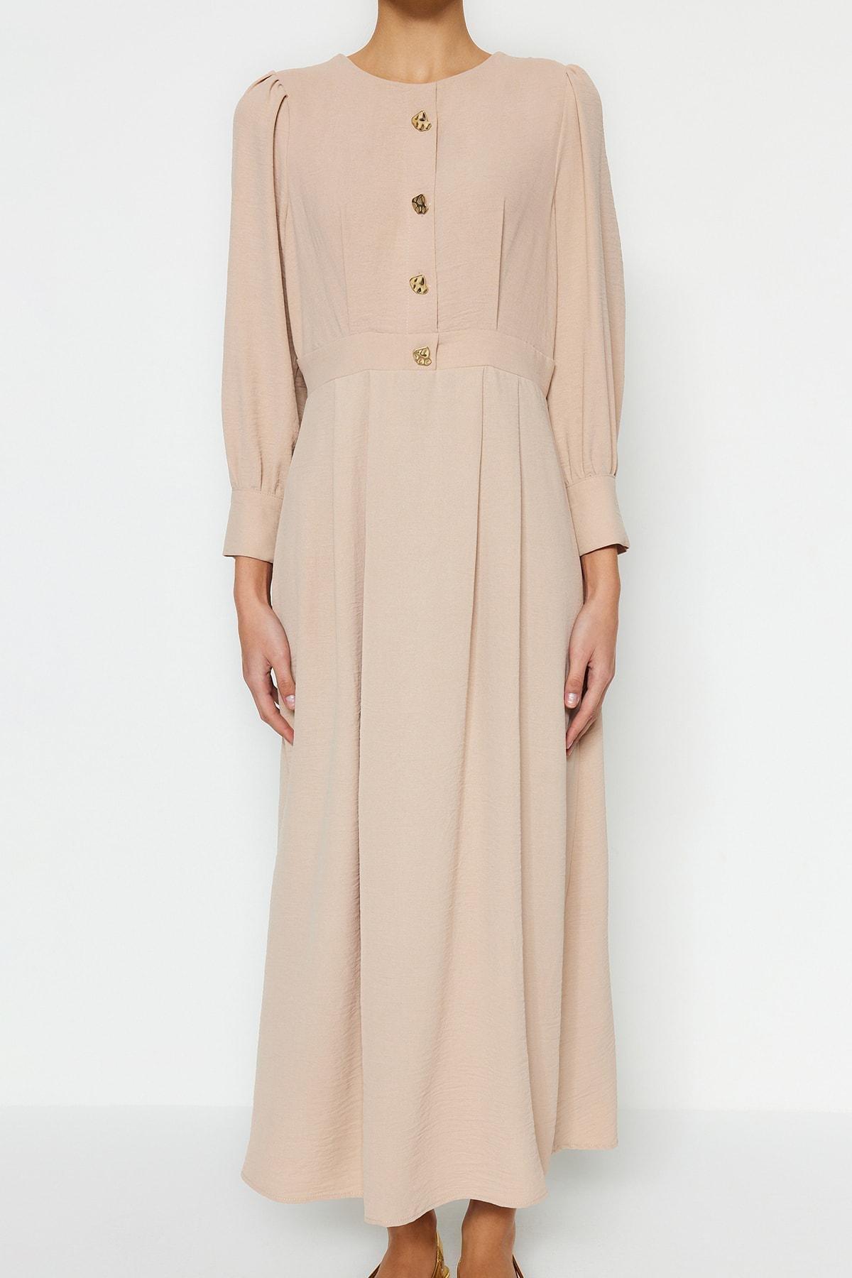 Beige Crew Neck A-Line Dress, , large image number 3