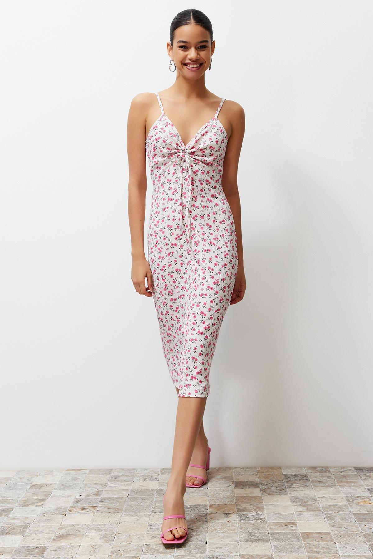 Ecru Floral Printed Skater Midi Knitted Dress, , large image number 0