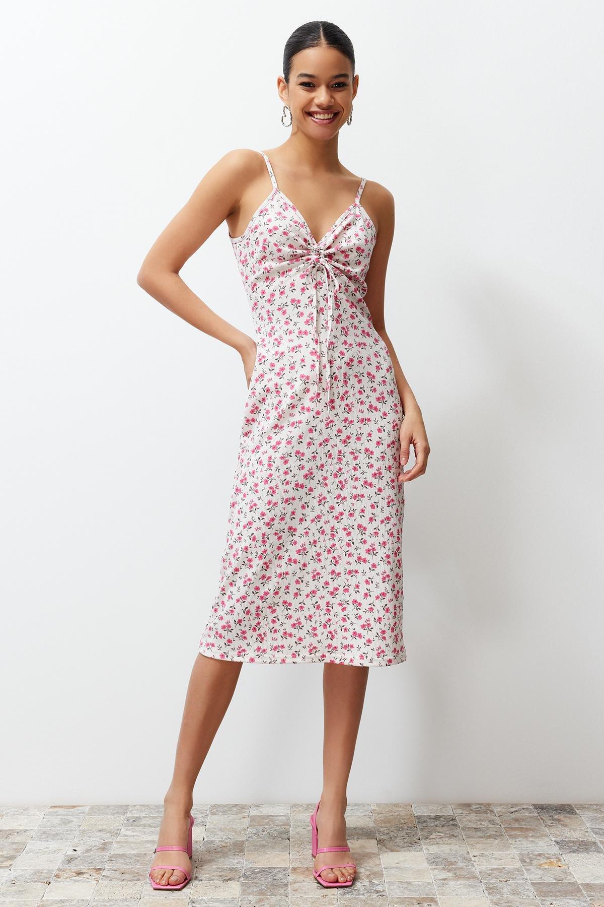 Ecru Floral Printed Skater Midi Knitted Dress, , large image number 1